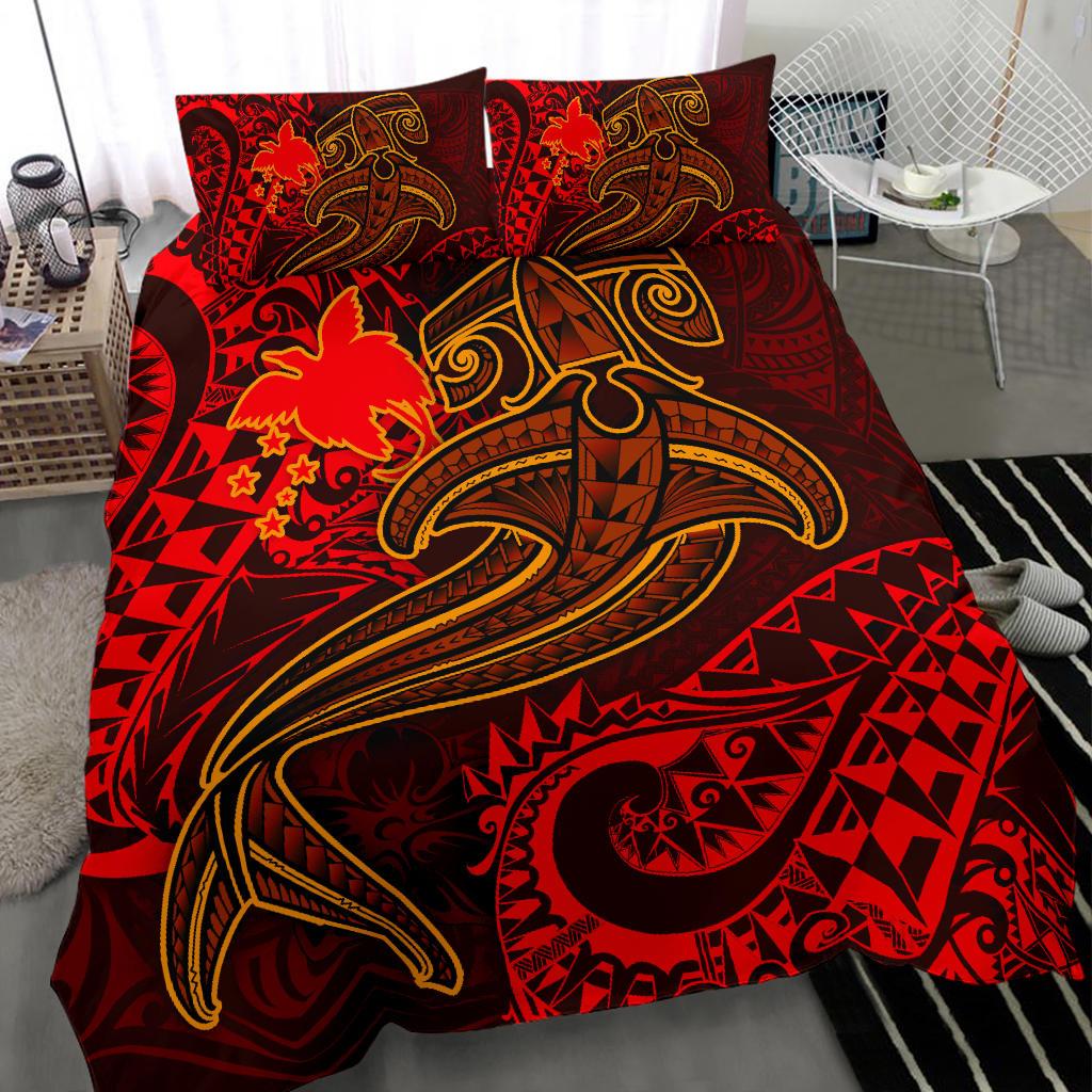 Papua New Guinea Bedding Set - Red Shark Polynesian Tattoo - Polynesian Pride