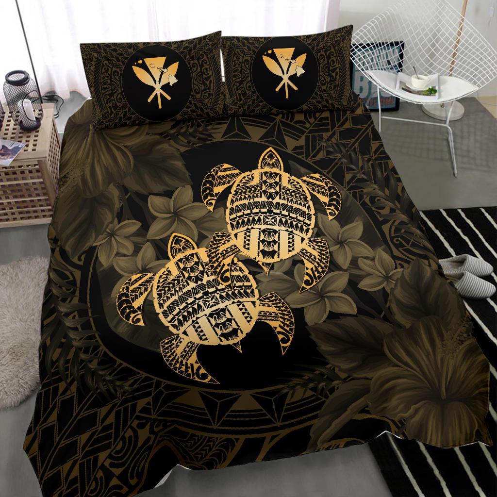 Hawaii Bedding Set - Turtle Strong Pattern Hibiscus Plumeria Gold AH - Polynesian Pride