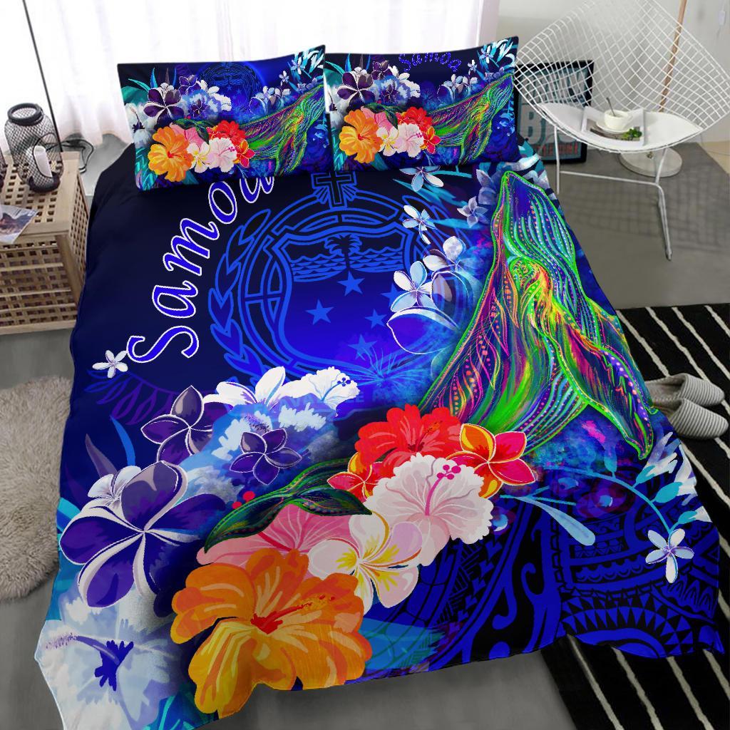 Samoa Bedding Set - Humpback Whale with Tropical Flowers (Blue) - Polynesian Pride