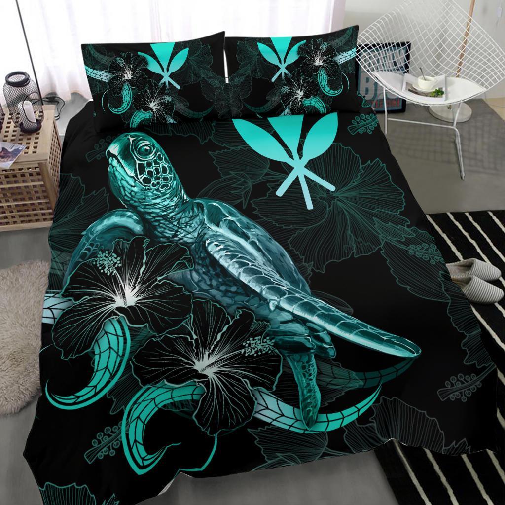 Hawaii Polynesian Bedding Set - Turtle With Blooming Hibiscus Turquoise - Polynesian Pride