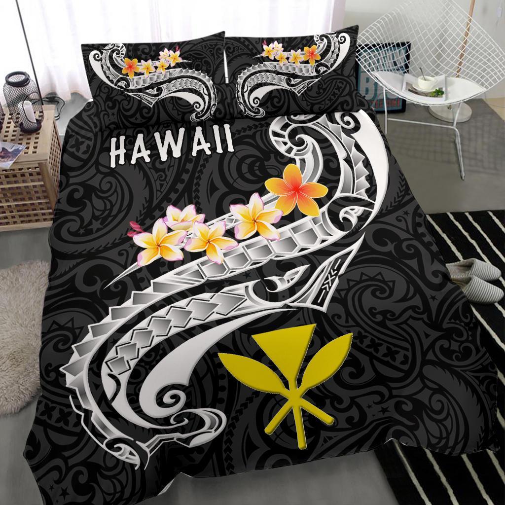 Hawaii Bedding Set - Kanaka Maoli Polynesian Patterns Plumeria (Black) - Polynesian Pride