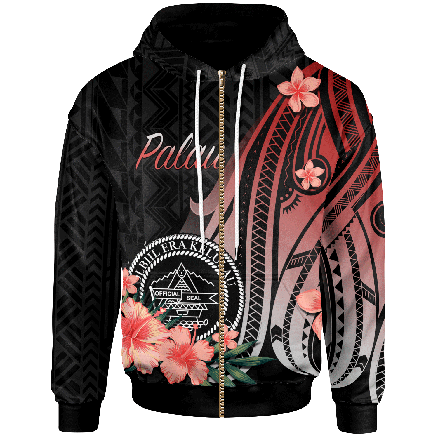 Palau Zip Hoodie Red Polynesian Hibiscus Pattern Style Unisex Red - Polynesian Pride