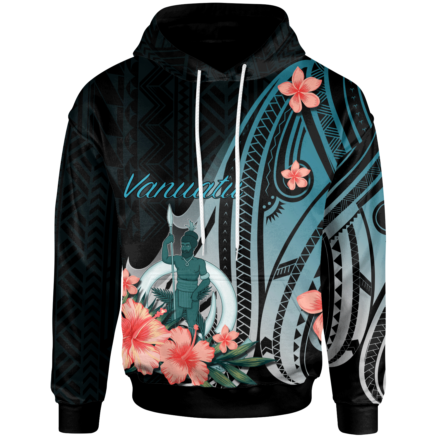 Vanuatu Hoodie Turquoise Polynesian Hibiscus Pattern Style Unisex Turquoise - Polynesian Pride