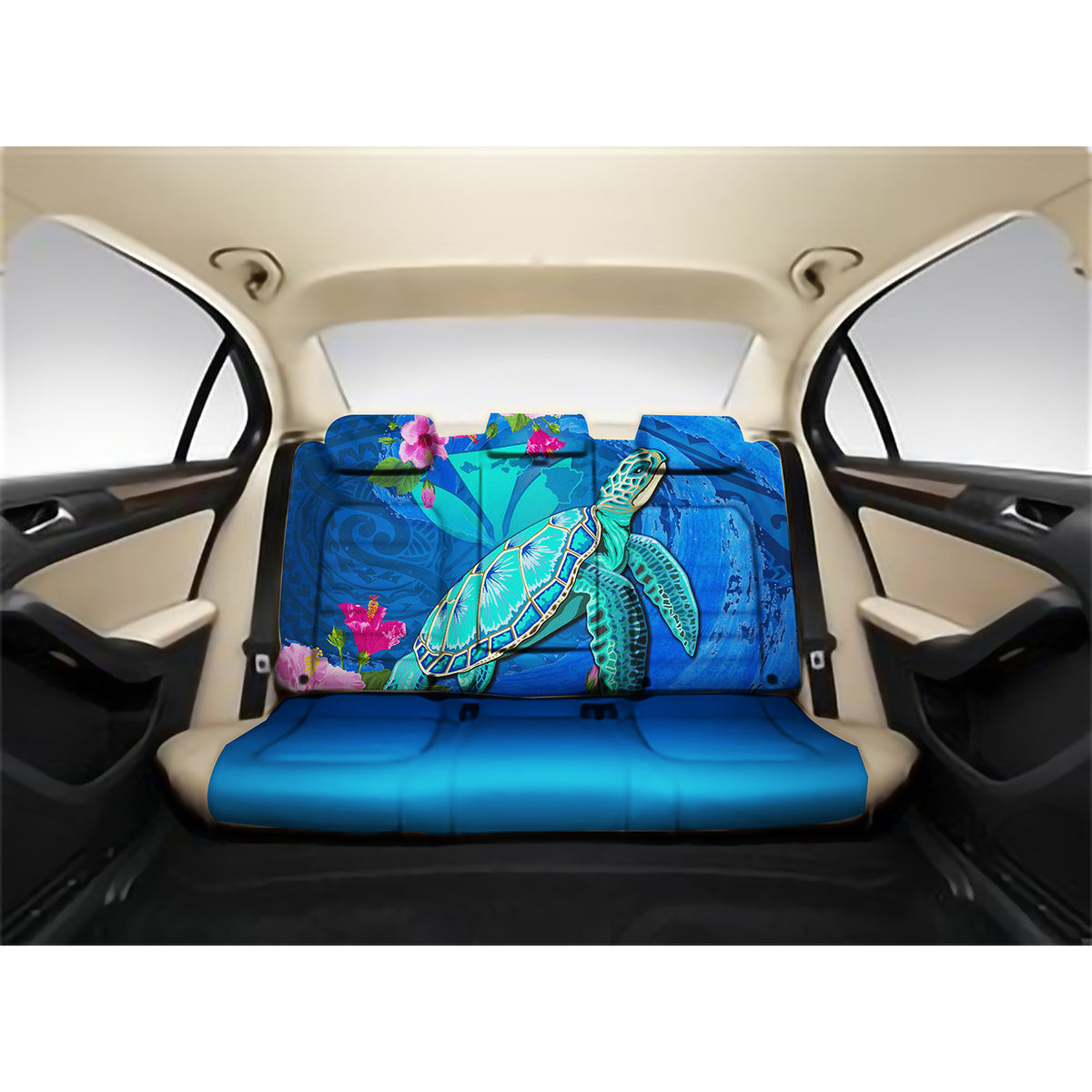 Hawaii Honu Aumakua Sea Hibiscus Back Seat Covers - Nin Style RLT7 One Size Blue Back Car Seat Covers - Polynesian Pride