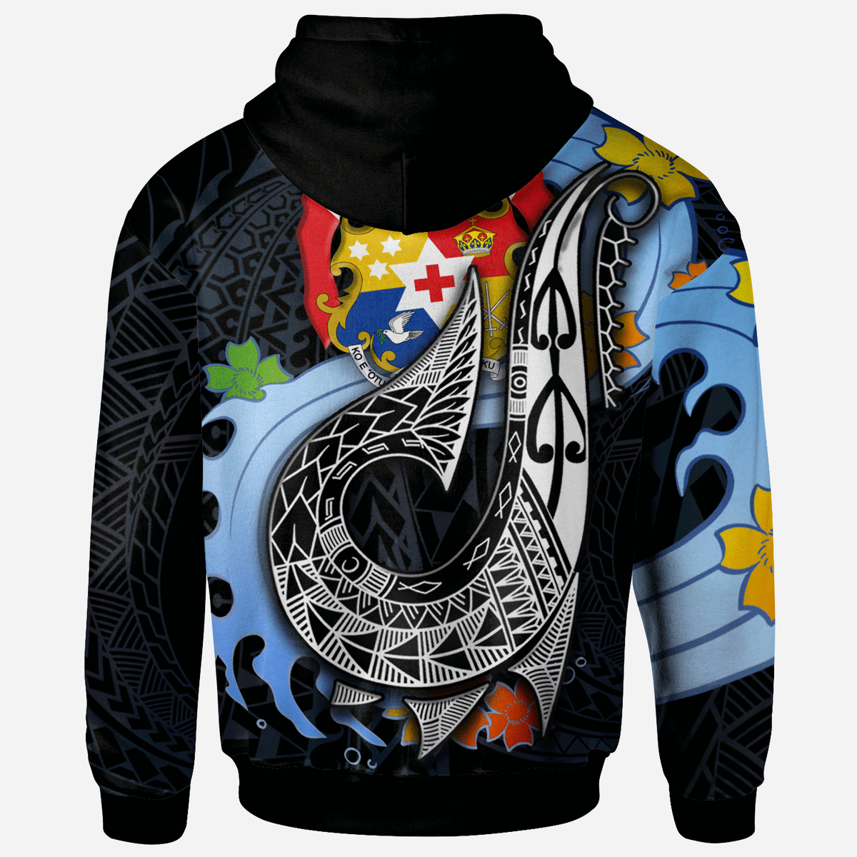 Tonga Custom Hoodie Fish Hooks and Wave - Polynesian Pride