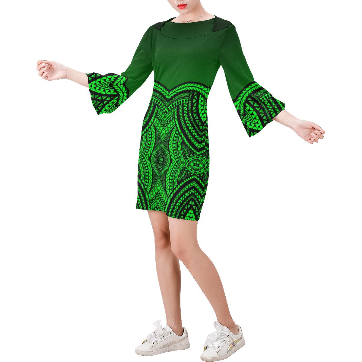 Micronesia Pattern Bell Sleeve Dress - Green Versison Women Green - Polynesian Pride