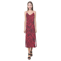 Tonga Pattern V - Neck Open Fork Long Dress - Red Style Women Red - Polynesian Pride