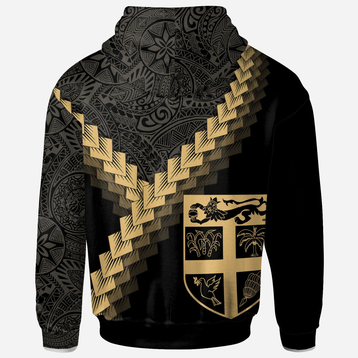 Fiji Zip up Hoodie Fiji Coat of Arms With Polynesian Tattoo Gold - Polynesian Pride