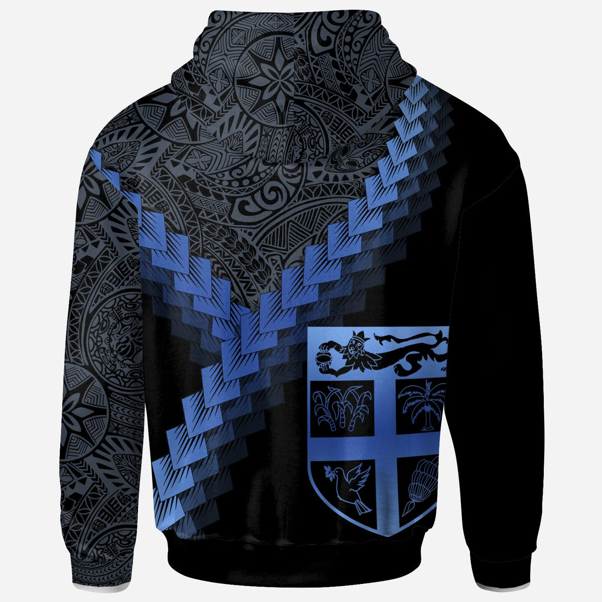 Fiji Zip up Hoodie Fiji Coat of Arms With Polynesian Tattoo Blue - Polynesian Pride
