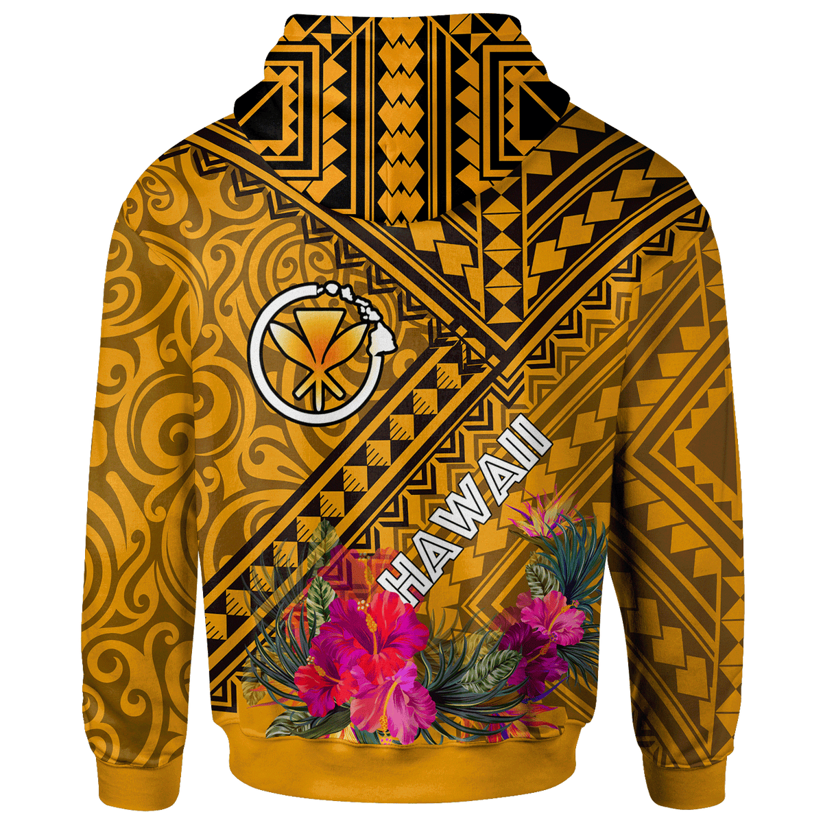 Hawaii Hoodie Kanaka Maoli With Hibiscus On Polynesian Patterns (YELLOW) - Polynesian Pride