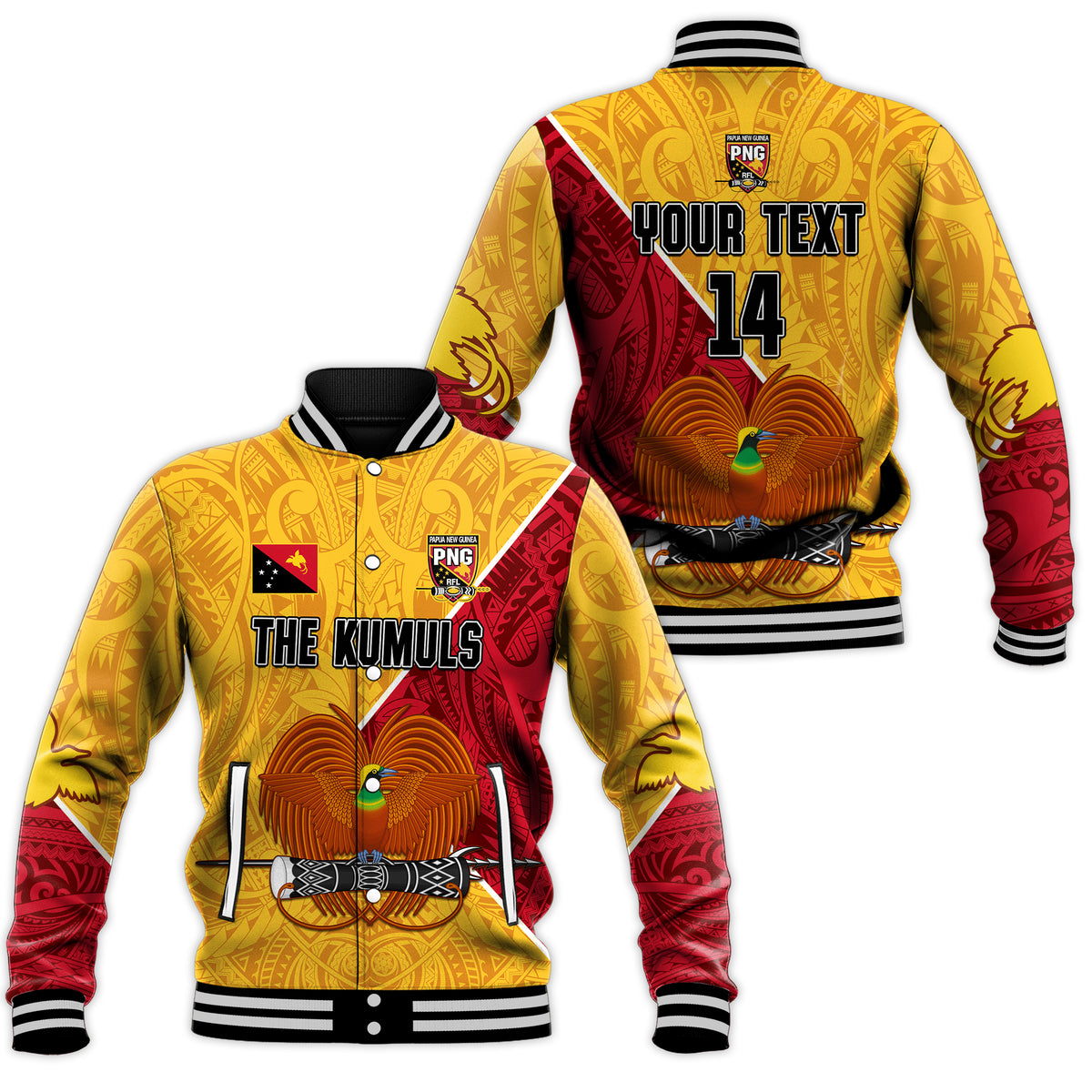 (Custom Text and Number) The Kumuls PNG Baseball Jacket Papua New Guinea Polynesian Dynamic Style LT14 Unisex Yellow - Polynesian Pride