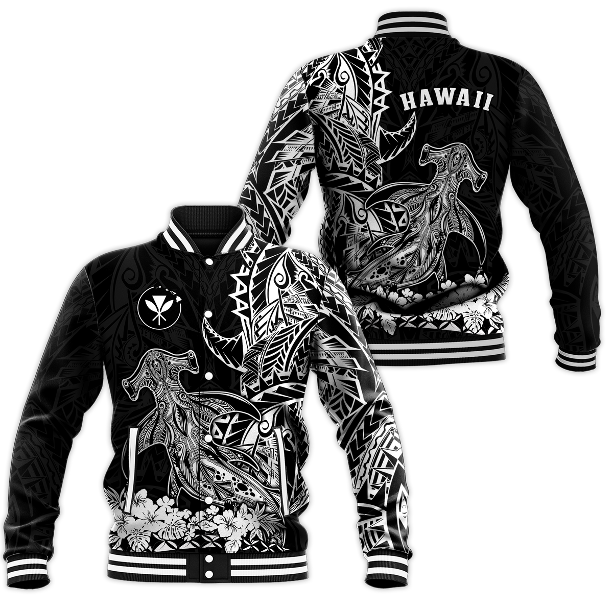 Hawaii Polynesian Baseball Jacket Wild Hammerhead Sharks LT13 Unisex Black - Polynesian Pride