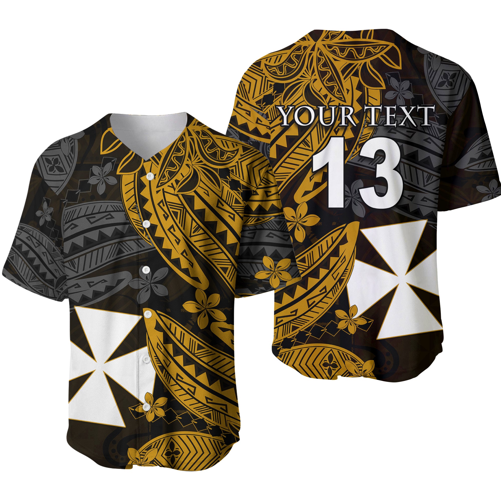 (Custom Text and Number) Wallis and Futuna Baseball Jersey Enjoy Polynesian Flowers Version Gold LT13 Gold - Polynesian Pride