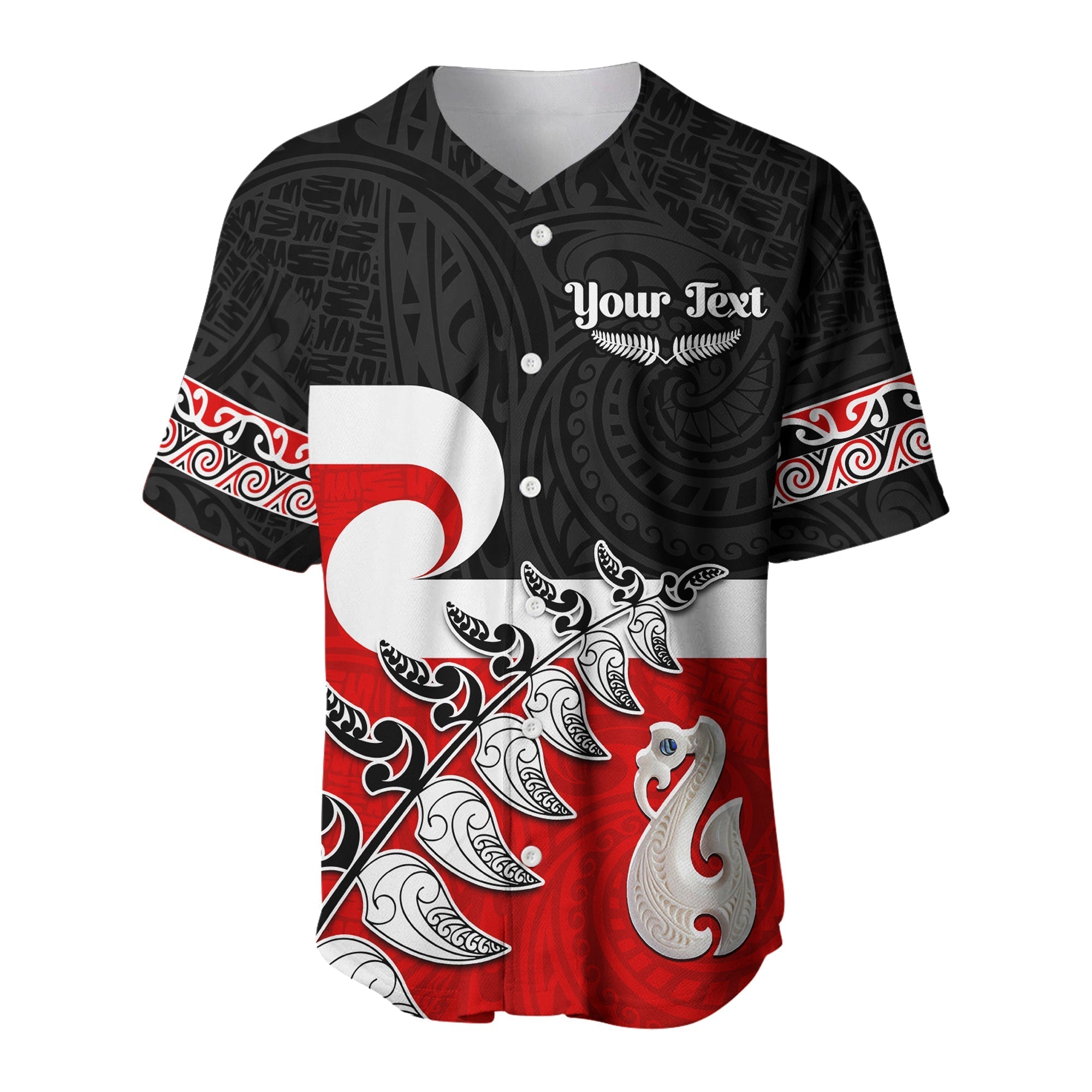 (Custom Personalised) Waitangi Baseball Jersey Aotearoa Maori Pattern Mix Fern and Manaia Koru LT13 Black - Polynesian Pride