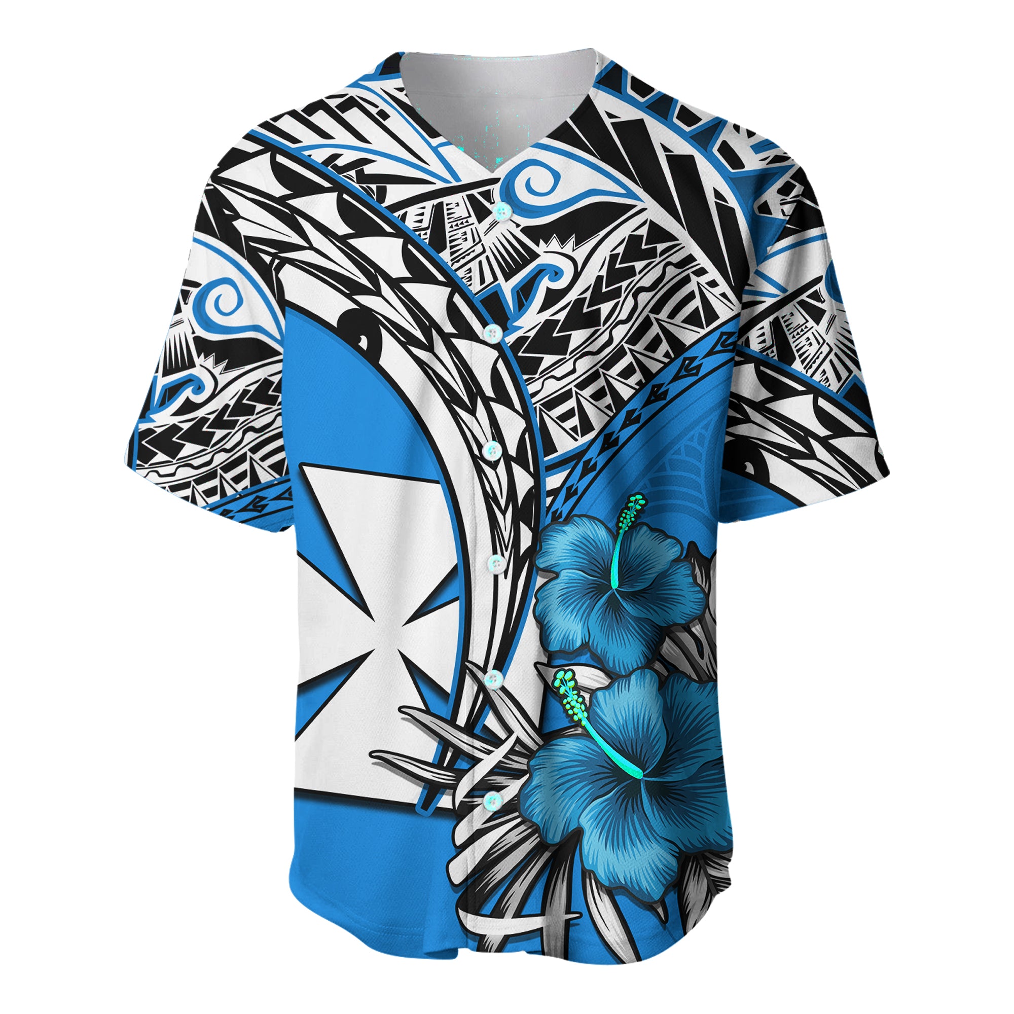 (Custom Personalised) Wallis et Futuna Baseball Jersey Polynesian Pattern and Hibiscus Flowers Version Blue LT13 Unisex Blue - Polynesian Pride