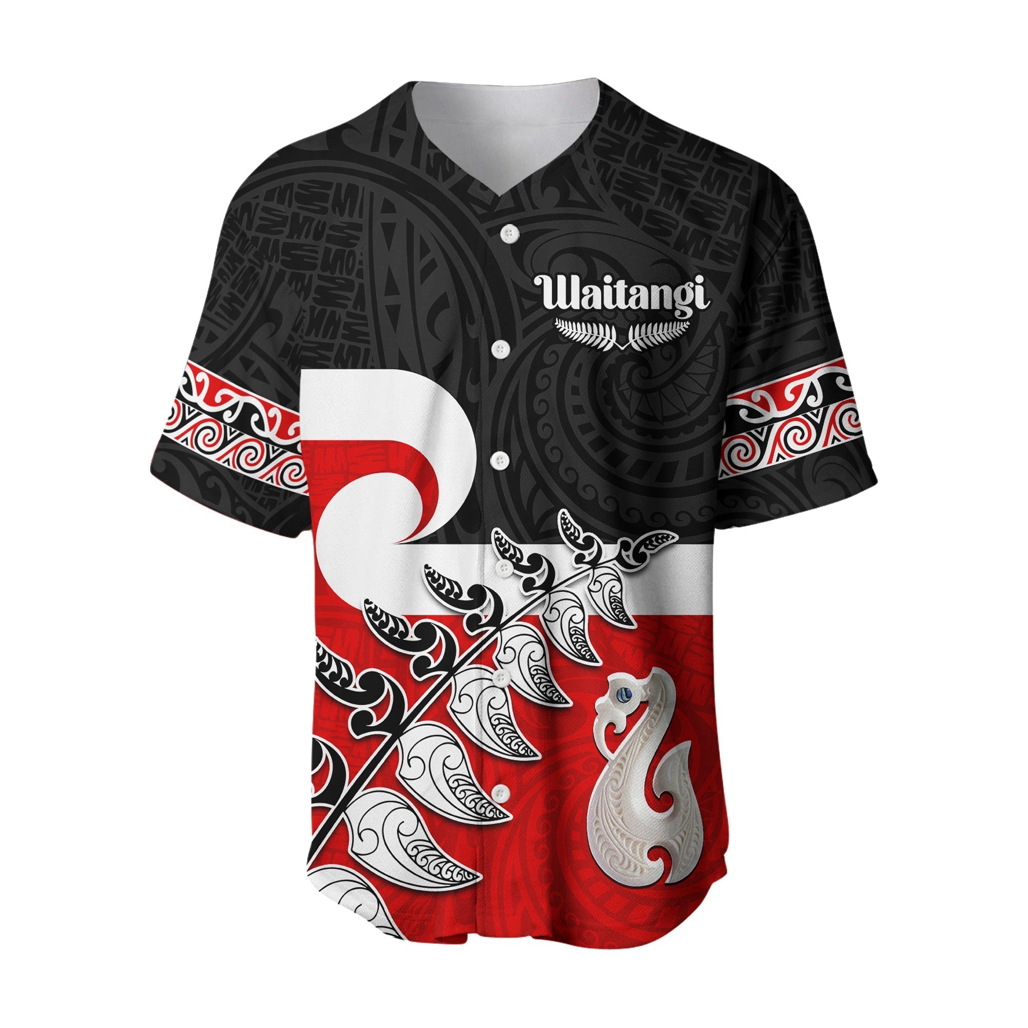 Waitangi Baseball Jersey Aotearoa Maori Pattern Mix Fern and Manaia Koru LT13 Black - Polynesian Pride