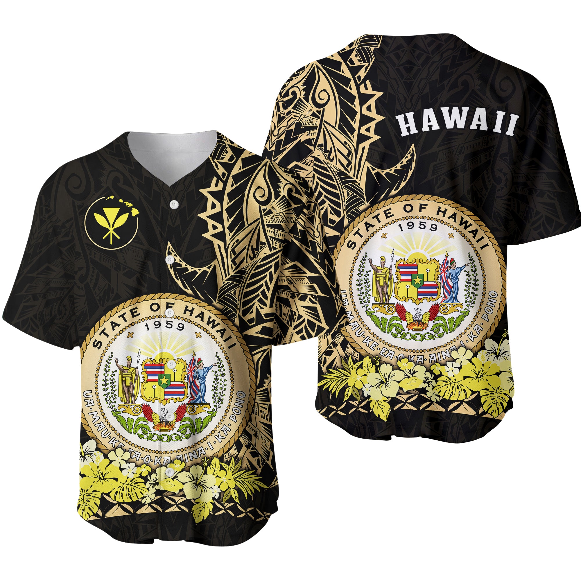 Hawaiian Polynesian Baseball Jersey Gold Seal of Hawaii LT13 Gold - Polynesian Pride