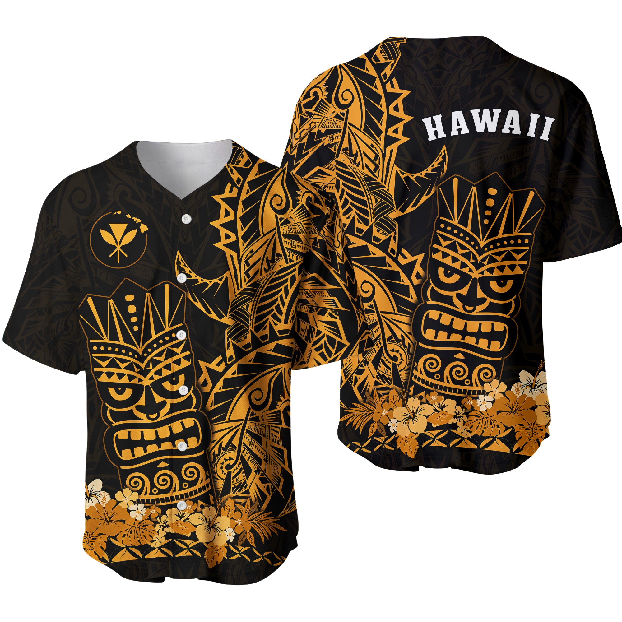 Hawaii Polynesian Baseball Jersey Gold Tiki Masks Hawaiian LT13 Gold - Polynesian Pride