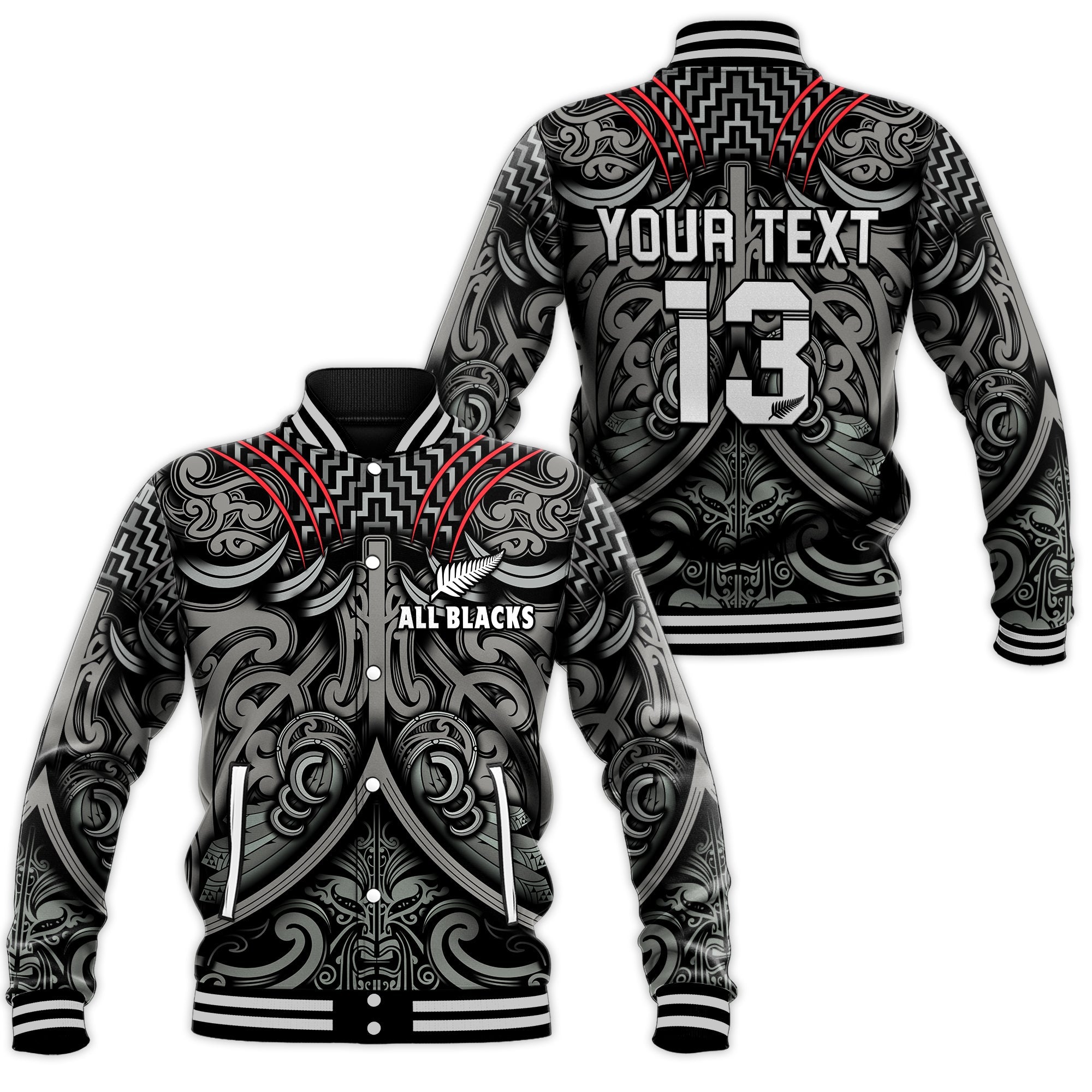 (Custom Text and Number) New Zealand Silver Fern Rugby Baseball Jacket All Black NZ Maori Pattern LT13 Unisex Black - Polynesian Pride