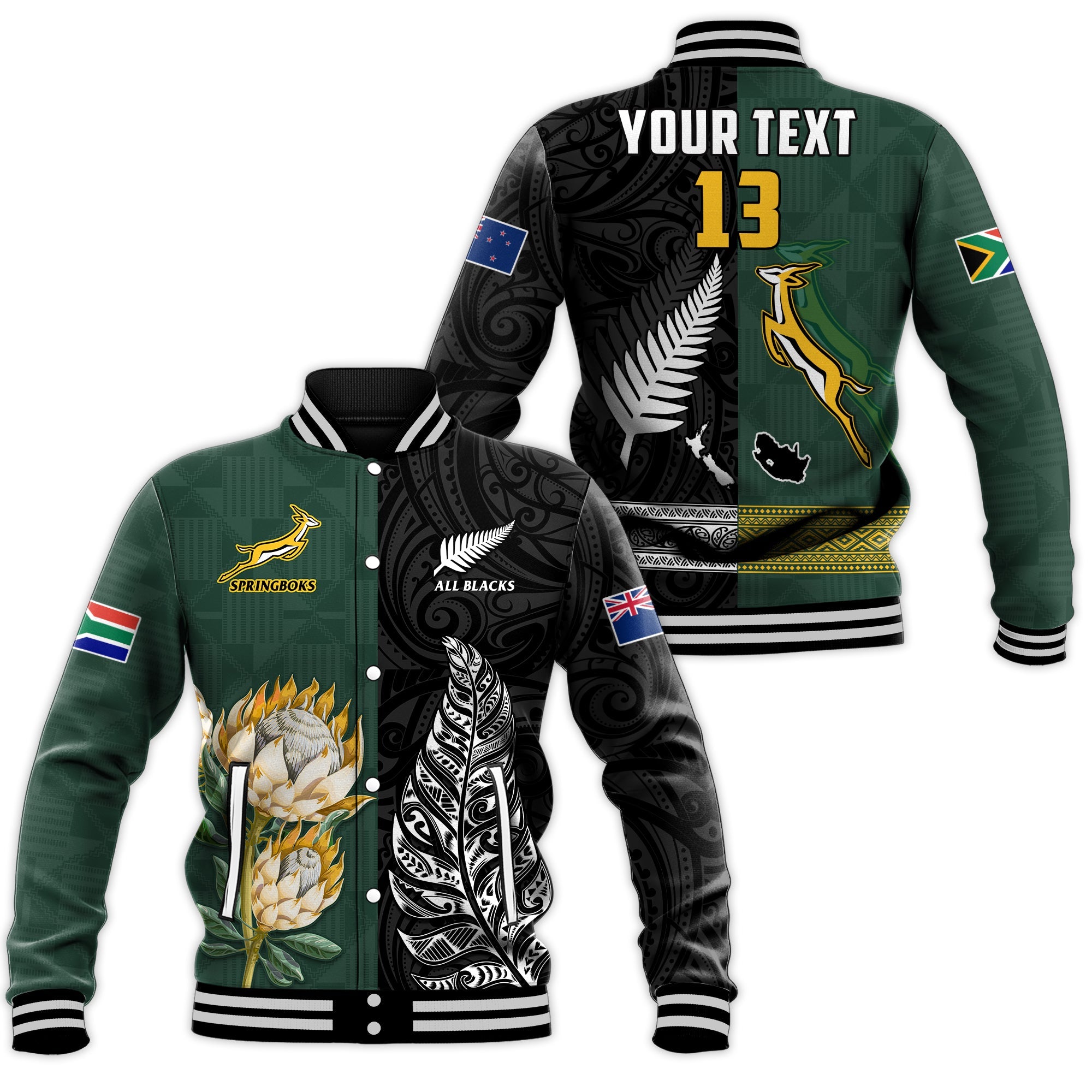 (Custom Text and Number) South Africa Protea and New Zealand Fern Baseball Jacket Rugby Go Springboks vs All Black LT13 Unisex Art - Polynesian Pride