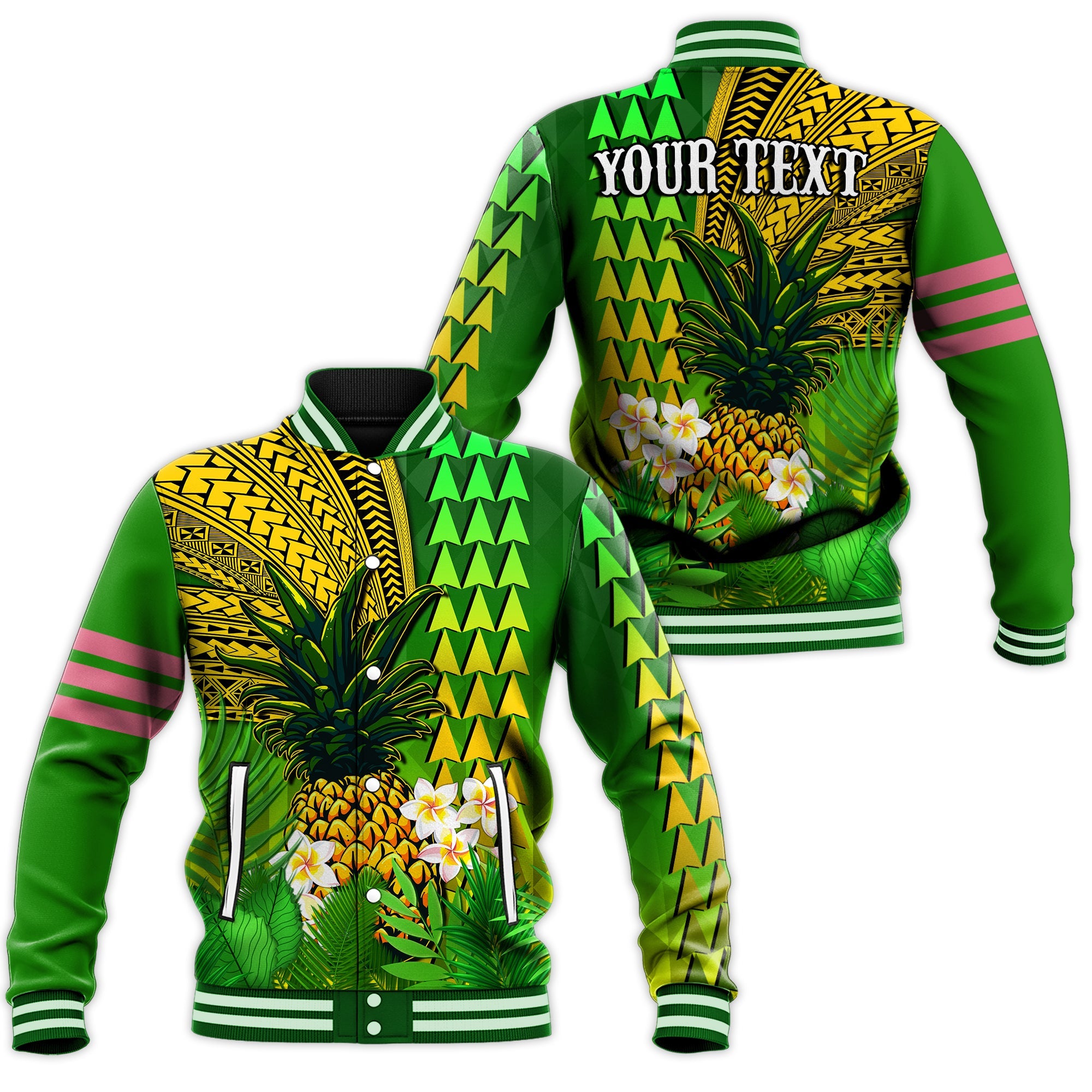 (Custom Personalised) Hawaii Pineapple Baseball Jacket Plumeria Frangipani Mix Tribal Pattern LT13 Unisex Green - Polynesian Pride