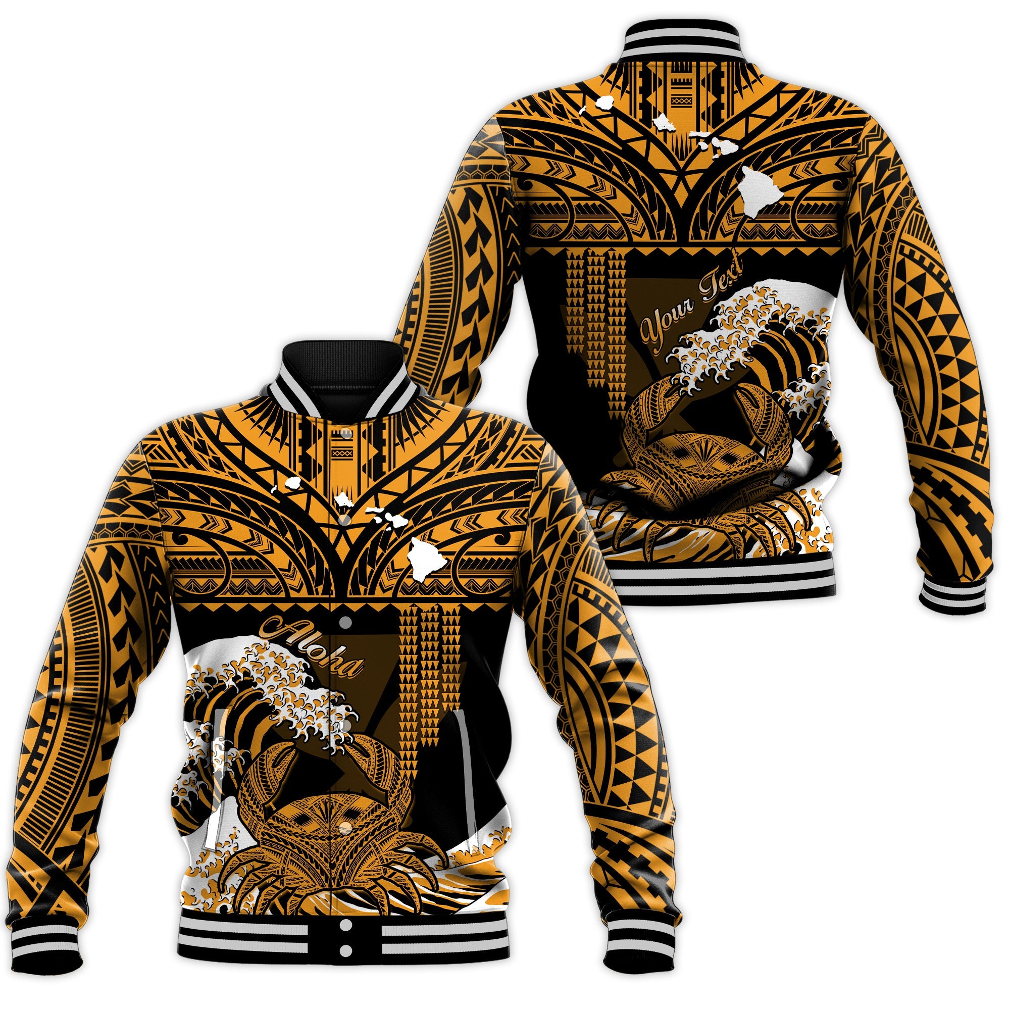 (Custom Personalised) Hawaii Baseball Jacket Kakau Polynesian Crab With Waves Ver.02 LT14 Unisex Gold - Polynesian Pride