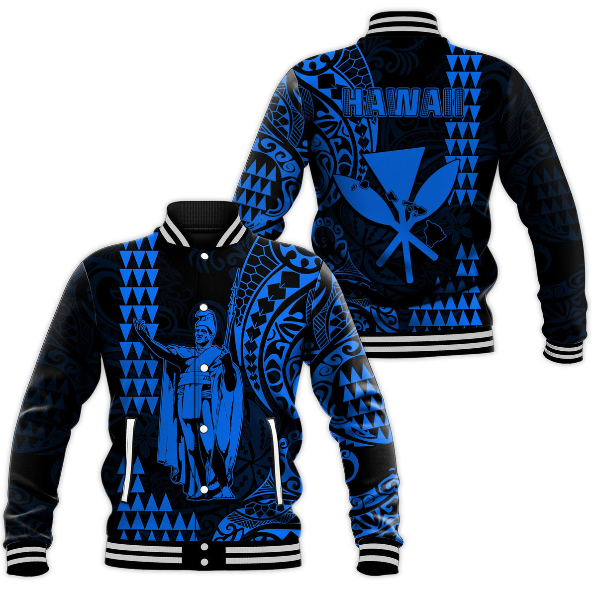 Hawaii Day Kakau Baseball Jacket Proud To Be Hawaiian Blue King Kamehameha and Kanaka Maoli LT13 Unisex Blue - Polynesian Pride