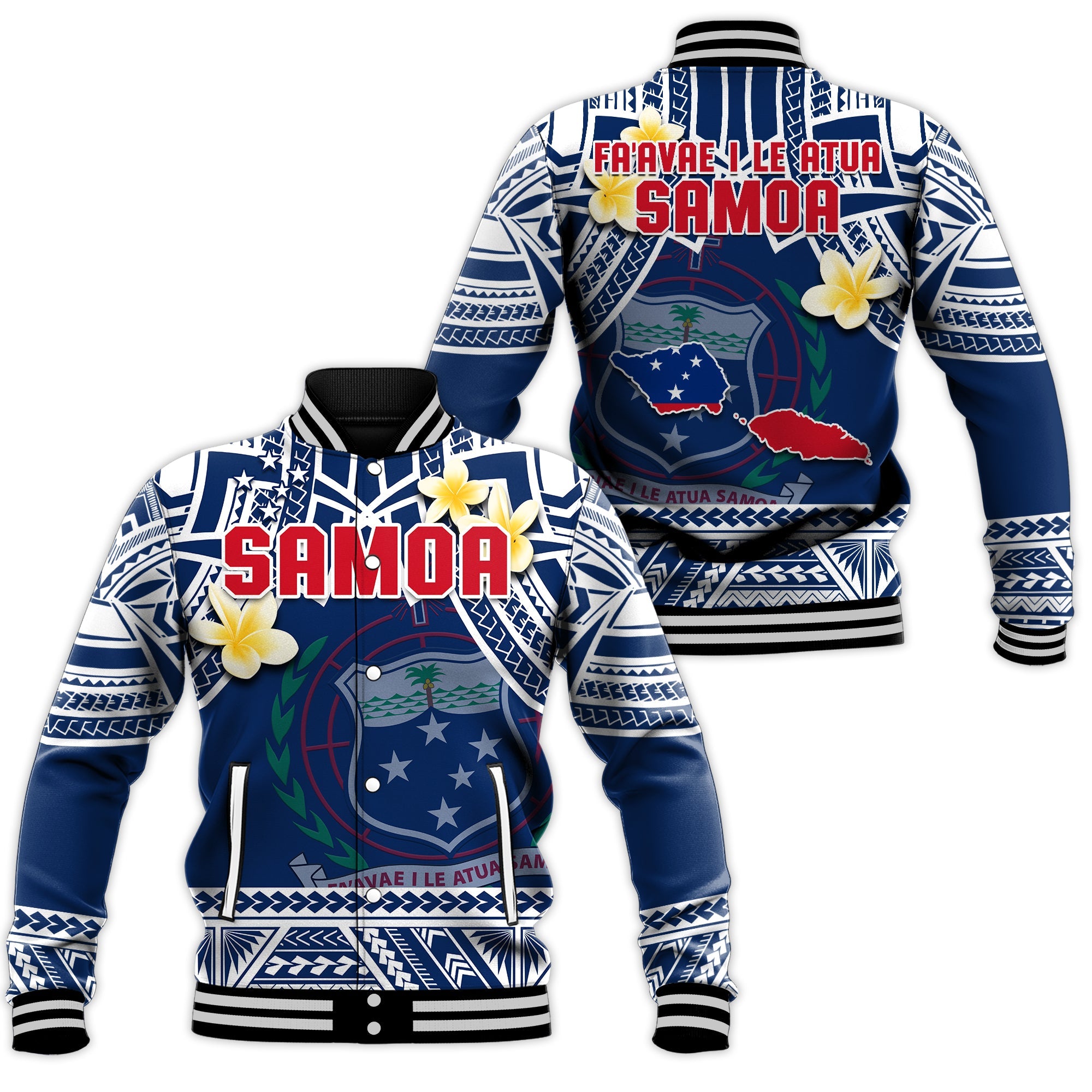 Samoa Baseball Jacket Samoan Plumeria Flowers Mix Polynesian Pattern LT14 Unisex Blue - Polynesian Pride