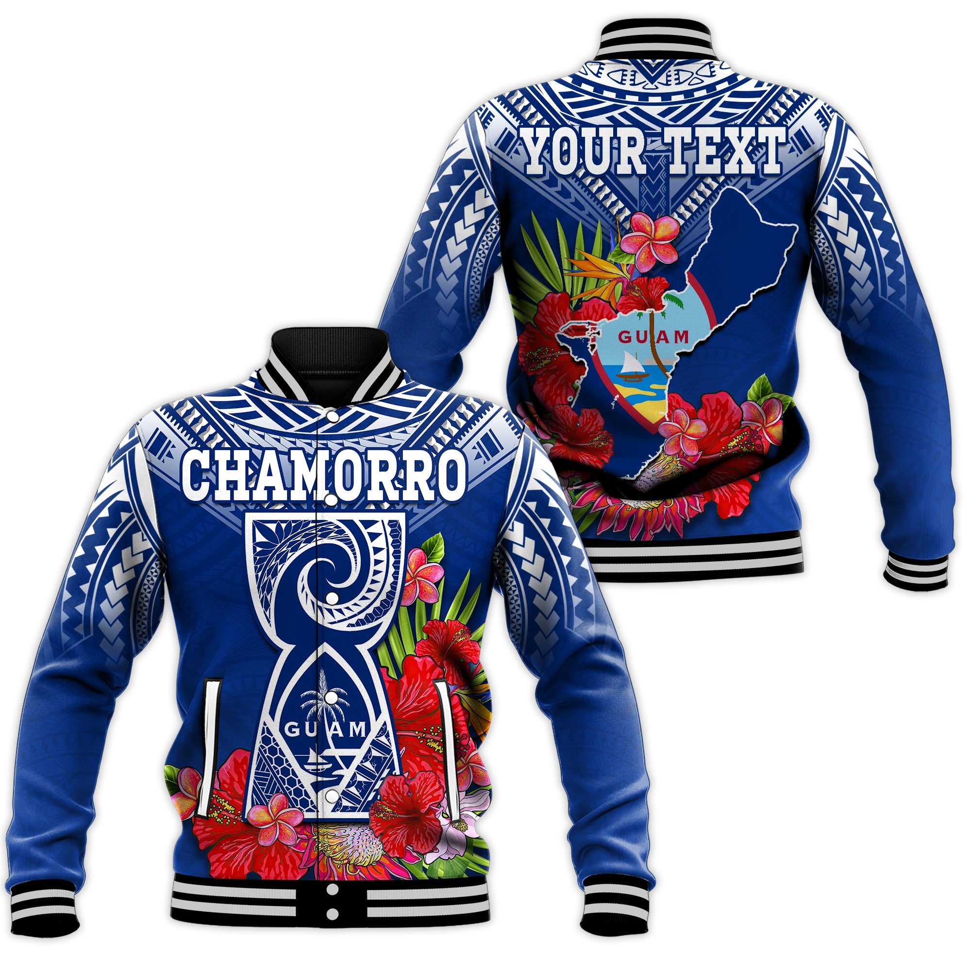 (Custom Personalised) Guam Chamorro Baseball Jacket Guaman Latte Stone Tropical Flowers Blue Version LT14 Unisex Blue - Polynesian Pride