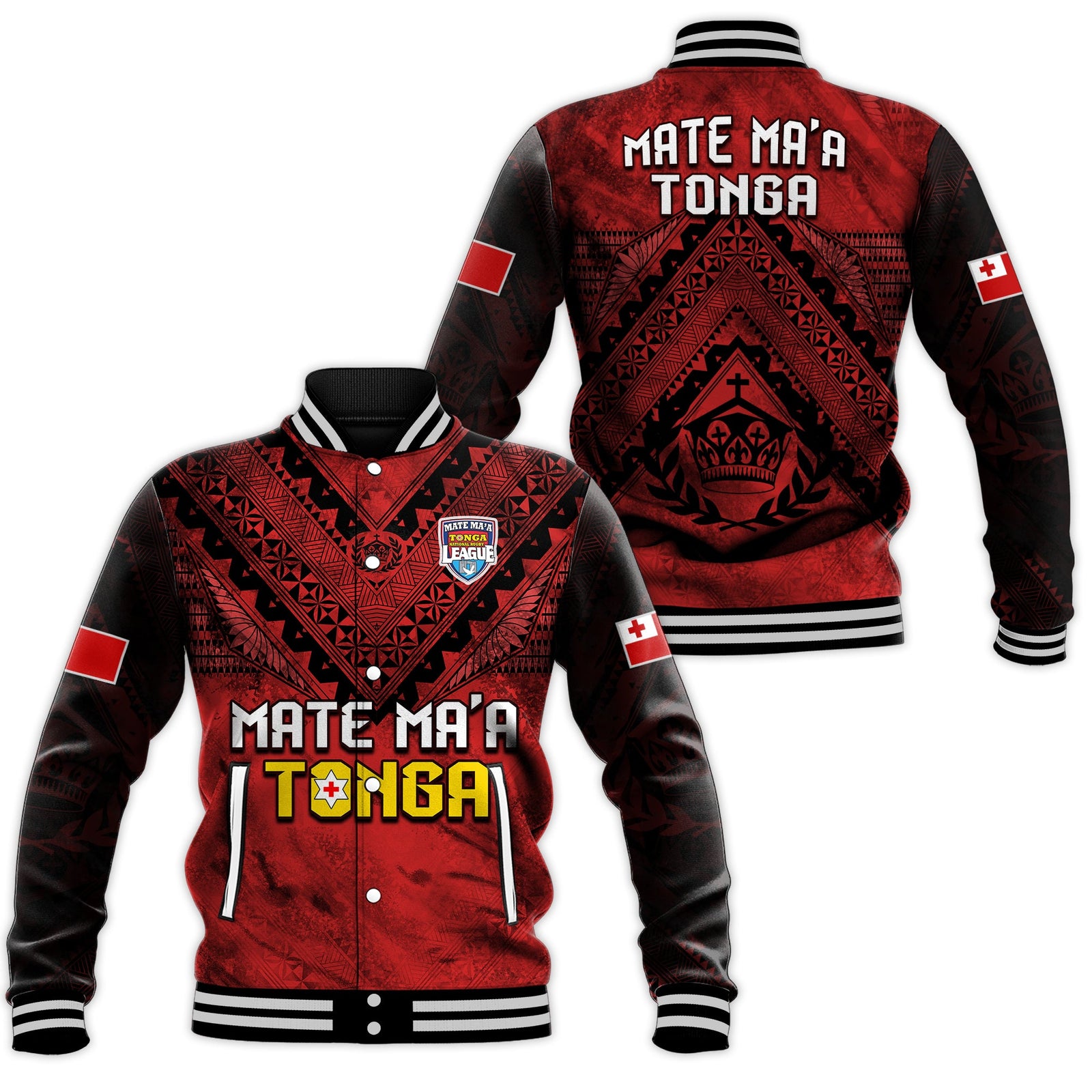 Tonga Rugby MMT Baseball Jacket Ngatu Mate Maa Tonga Grunge LT13 Unisex Red - Polynesian Pride