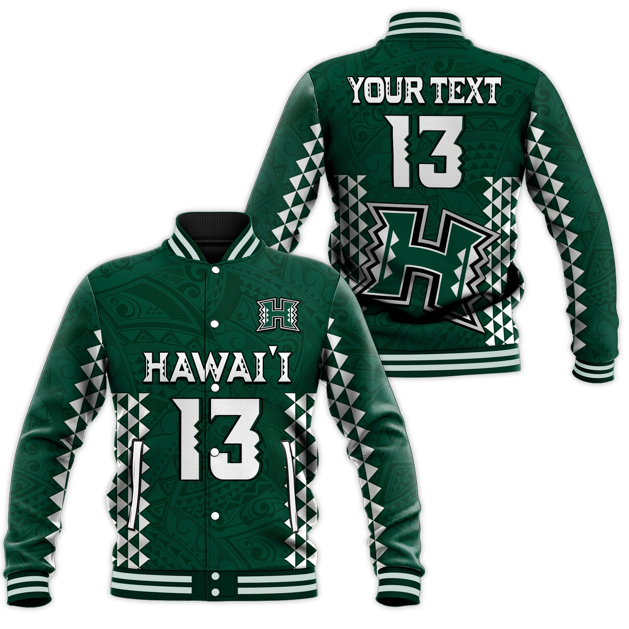 (Custom Text and Number) Hawaii Football Baseball Jacket Kakau Warrior Be Stronger LT13 Unisex Green - Polynesian Pride