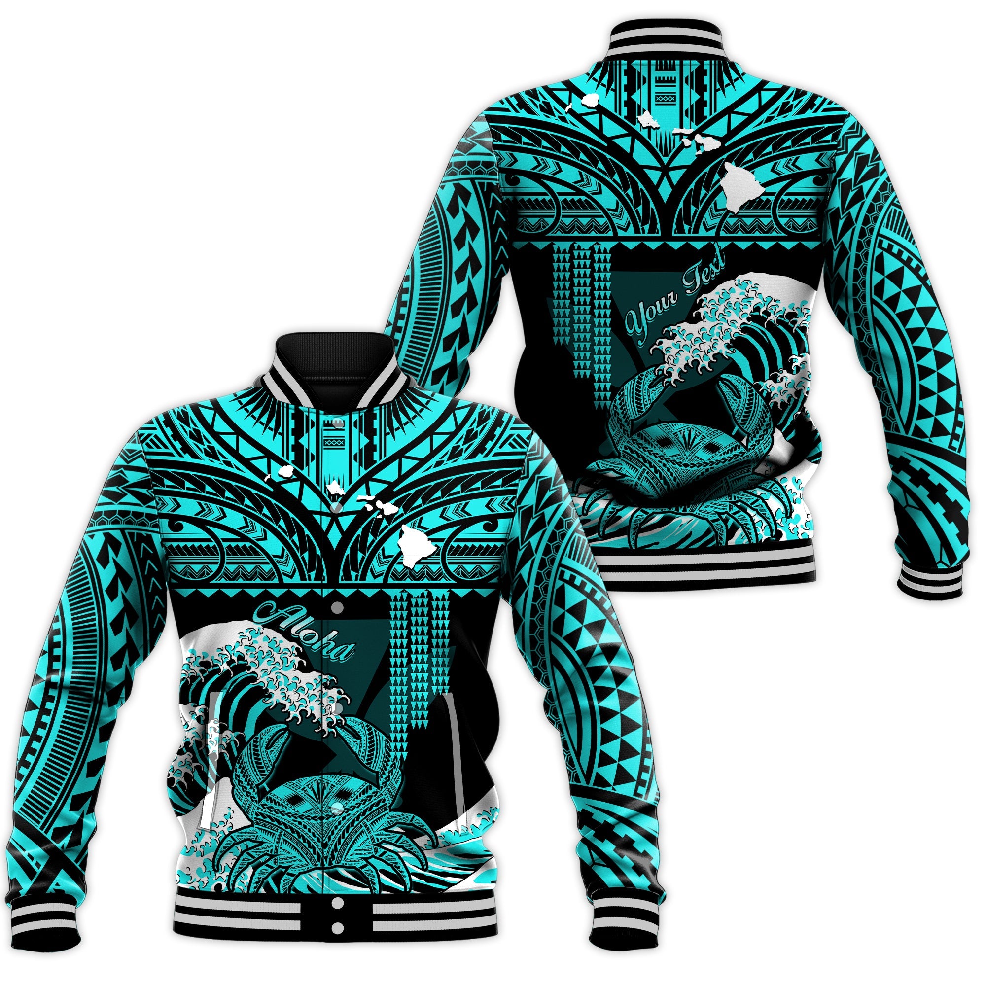 (Custom Personalised) Hawaii Baseball Jacket Kakau Polynesian Crab With Waves Ver.01 LT14 Unisex Turquoise - Polynesian Pride