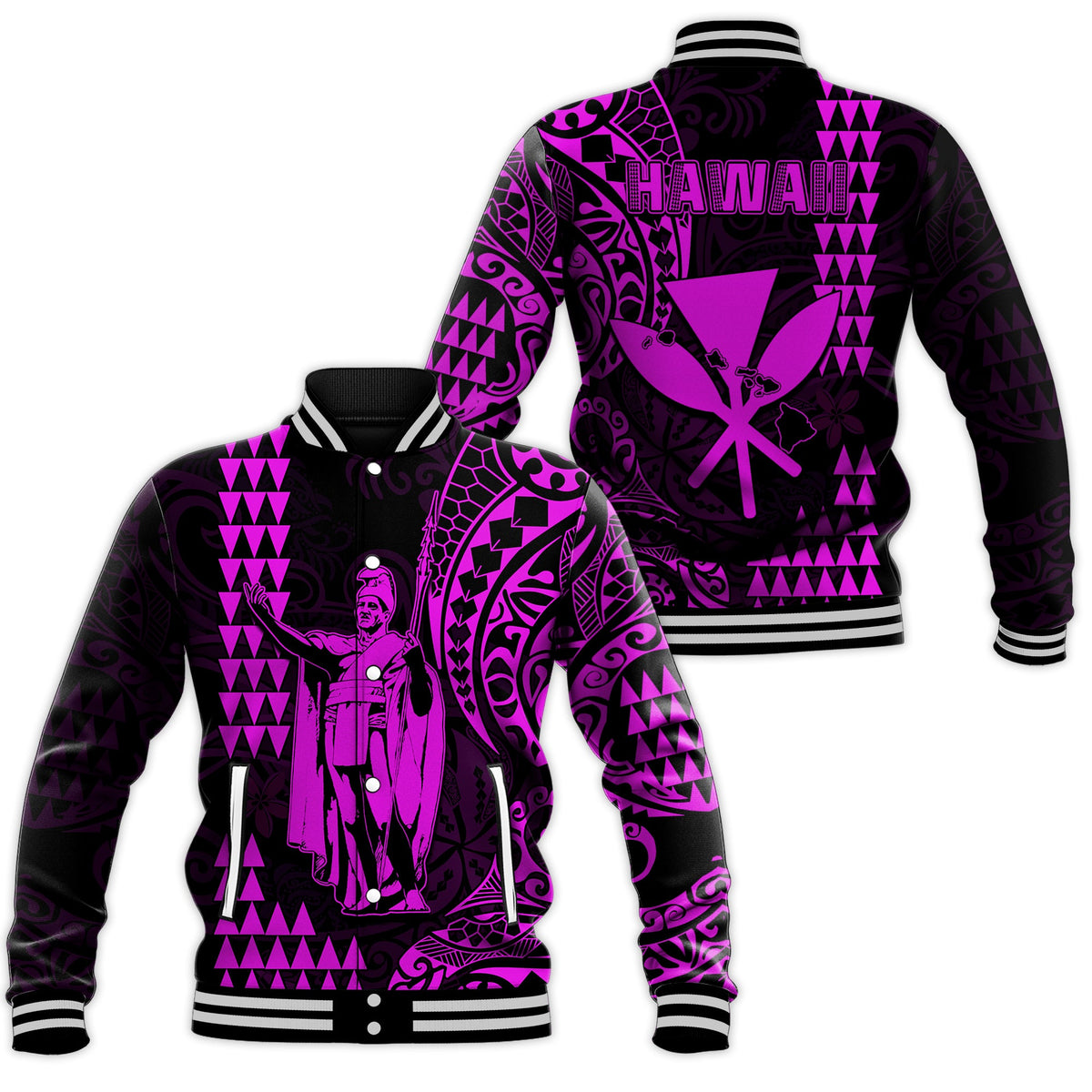 Hawaii Day Kakau Baseball Jacket Proud To Be Hawaiian Purple King Kamehameha and Kanaka Maoli LT13 Unisex Purple - Polynesian Pride