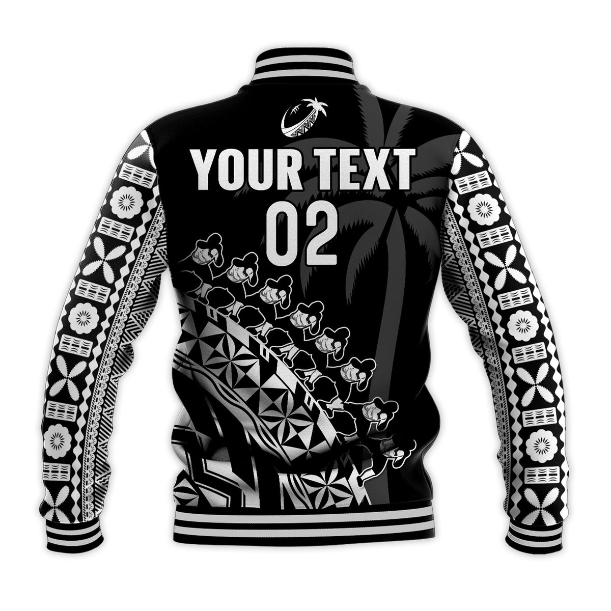 (Custom Text And Number) Fiji Rugby Baseball Jacket Fijian Cibi Dance Tapa Pattern Black LT14 - Polynesian Pride