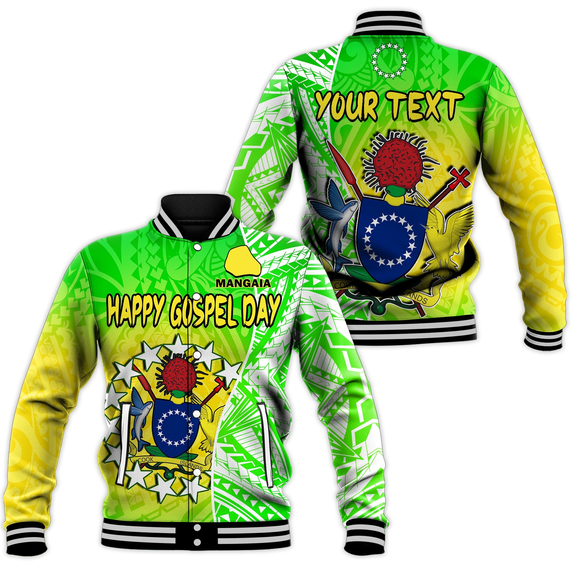 (Custom Personalised) Happy Mangaia Gospel Day Baseball Jacket Cook Islands Coat Of Arms Polynesian Pattern LT14 Unisex Green - Polynesian Pride