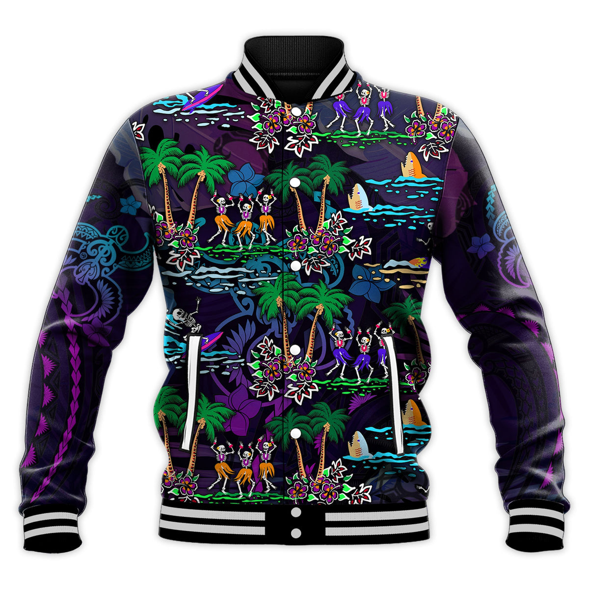 Hawaii Skeleton Dancing Baseball Jacket Halloween Hawaiian Turtle LT13 Unisex Purple - Polynesian Pride