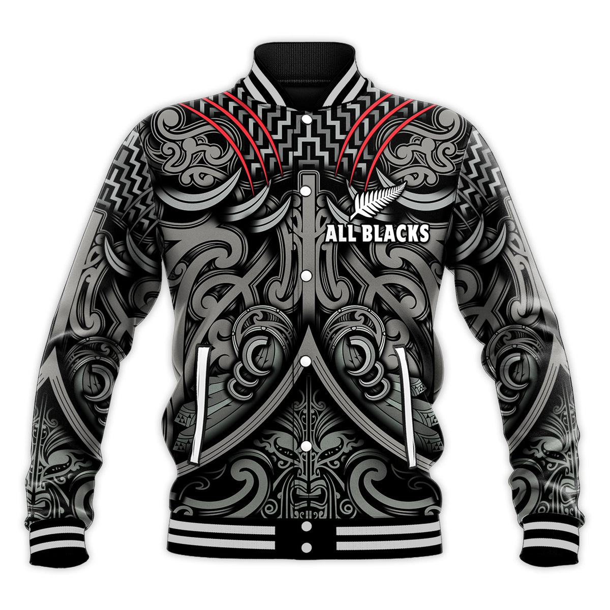 New Zealand Silver Fern Rugby Baseball Jacket All Black NZ Maori Pattern LT13 Unisex Black - Polynesian Pride