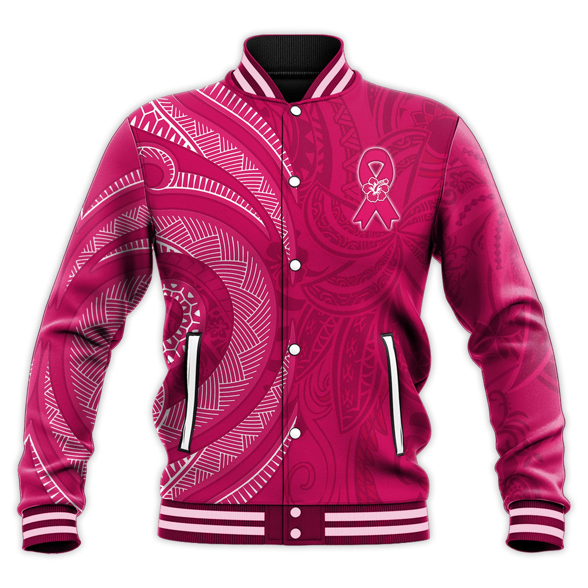 (Custom Personalised) Breast Cancer Awareness Baseball Jacket Hibiscus Polynesian No One Fights Alone LT13 - Polynesian Pride