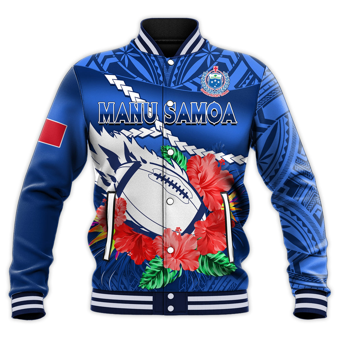 Samoa Rugby Baseball Jacket Manu Samoa Polynesian Hibiscus Blue Style LT14 - Polynesian Pride