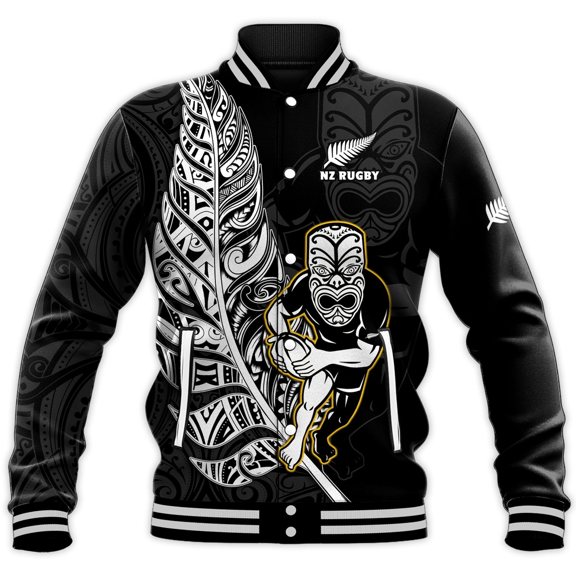 (Custom Text And Number) New Zealand Silver Fern Rugby Baseball Jacket All Black Maori Version Black LT14 Unisex Black - Polynesian Pride