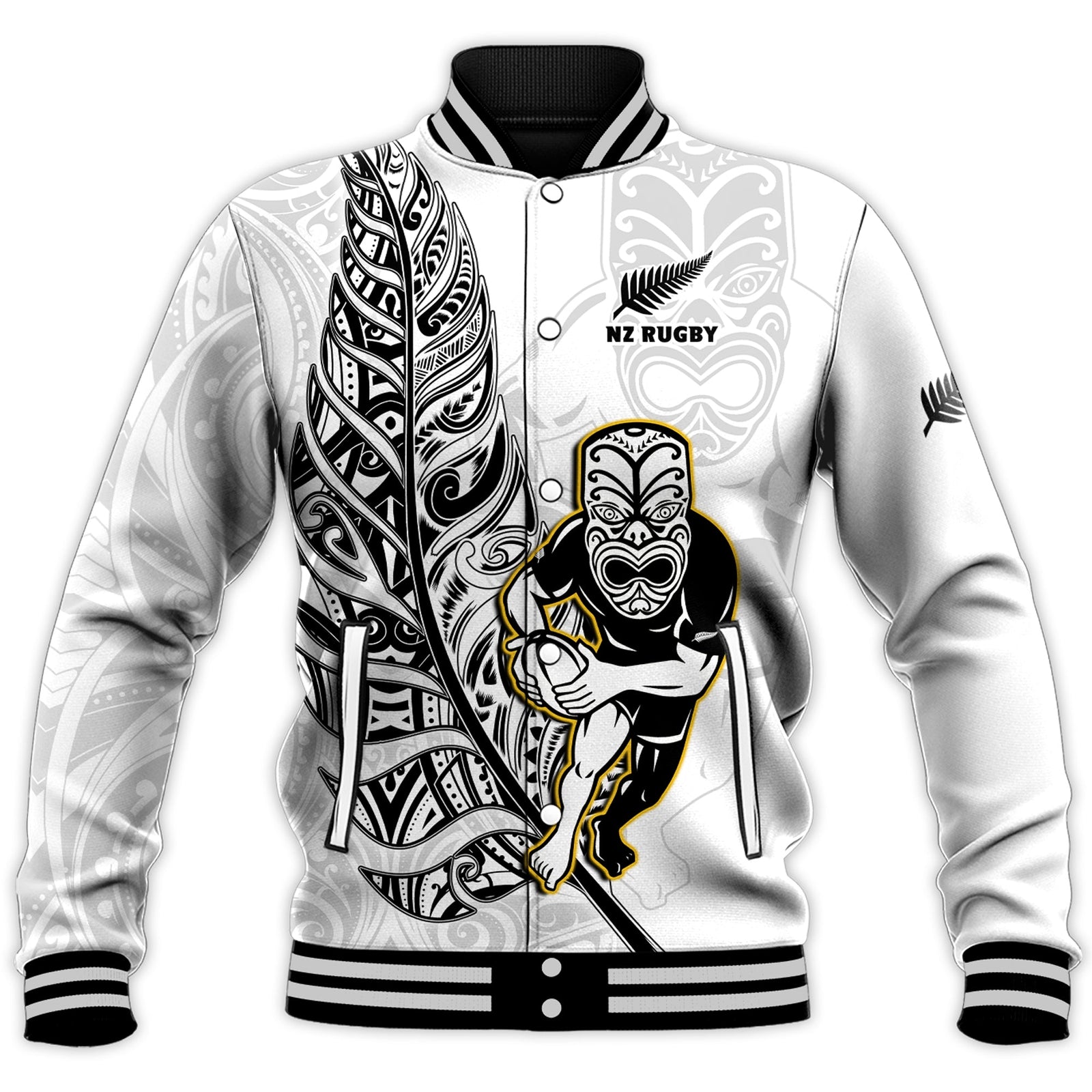 New Zealand Silver Fern Rugby Baseball Jacket All Black Maori Version White LT14 Unisex White - Polynesian Pride