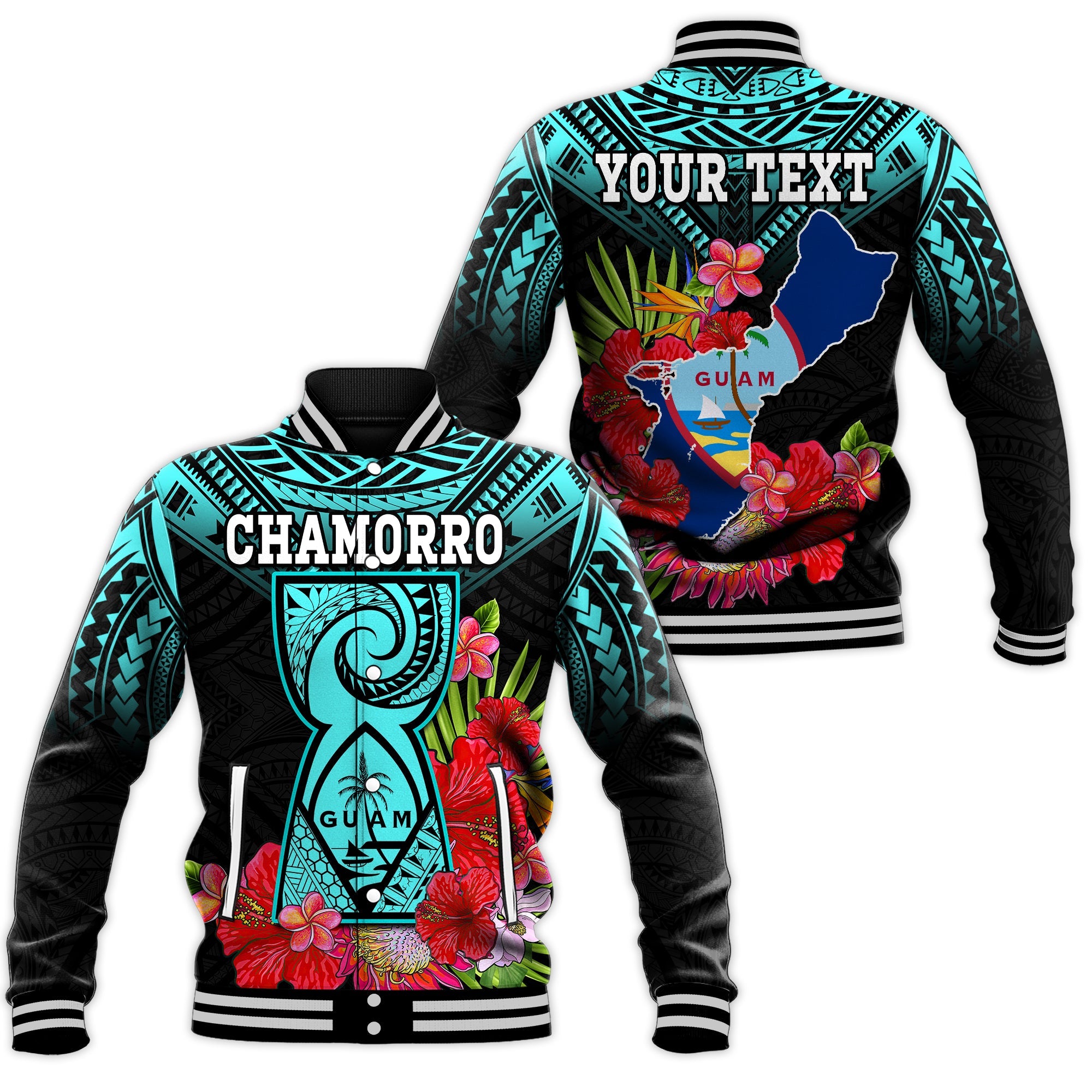 (Custom Personalised) Guam Chamorro Baseball Jacket Guaman Latte Stone Tropical Flowers Turquoise Style LT14 Unisex Turquoise - Polynesian Pride