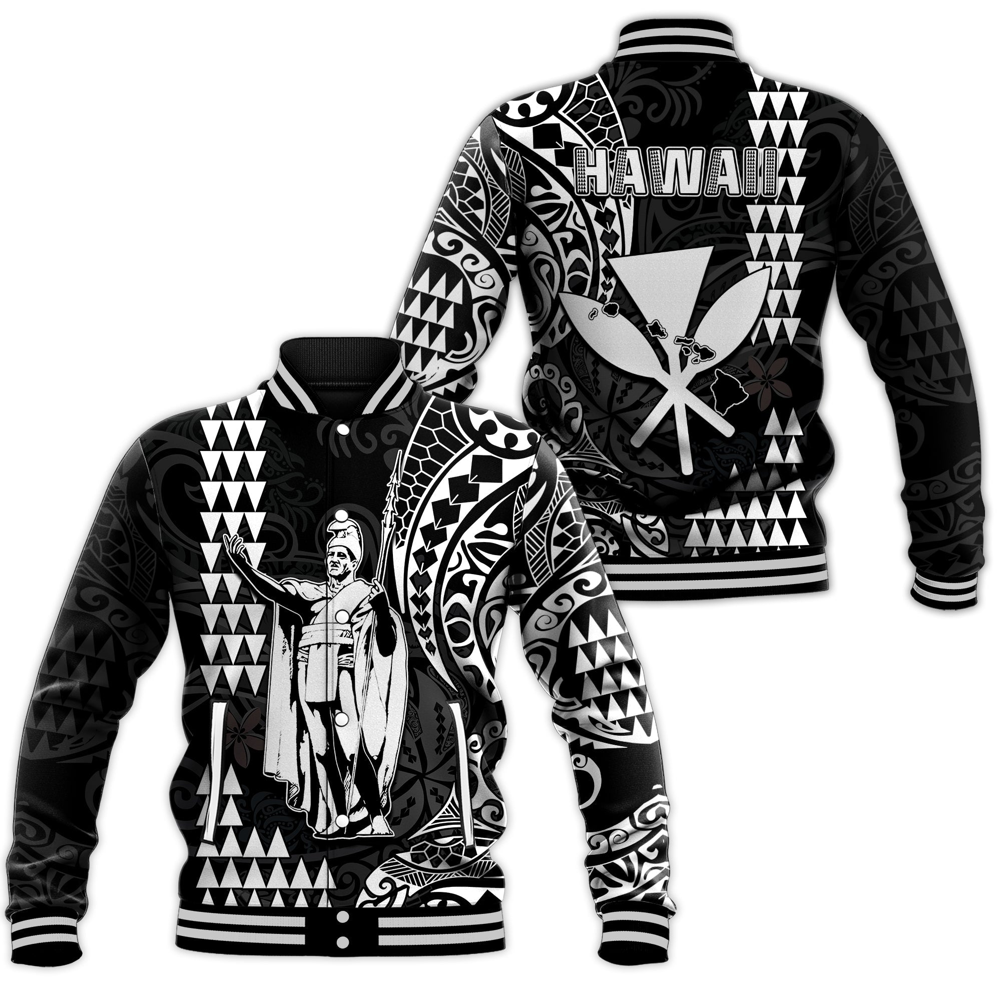 Hawaii Day Kakau Baseball Jacket Proud To Be Hawaiian Black King Kamehameha and Kanaka Maoli LT13 Unisex Black - Polynesian Pride