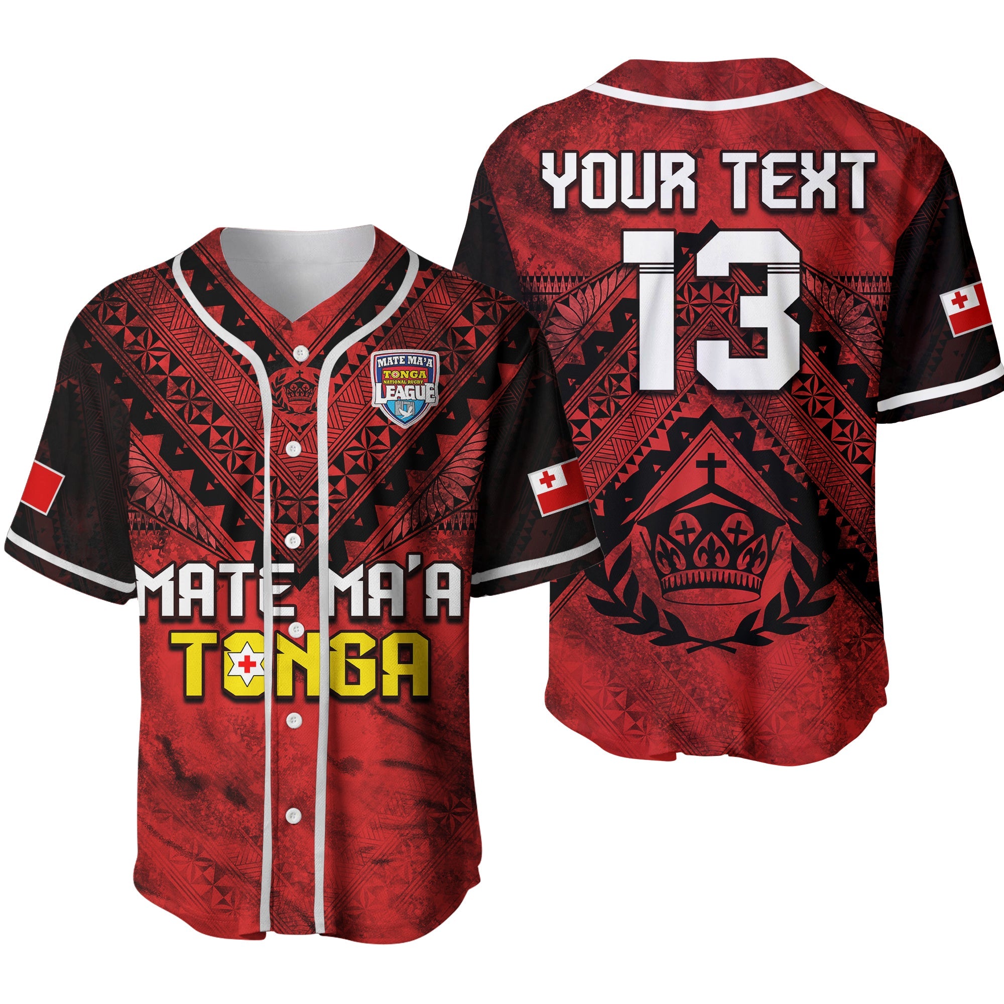 (Custom Text and Number) Tonga Rugby MMT Baseball Jersey Ngatu Mate Maa Tonga Grunge Ver.02 LT13 Red - Polynesian Pride