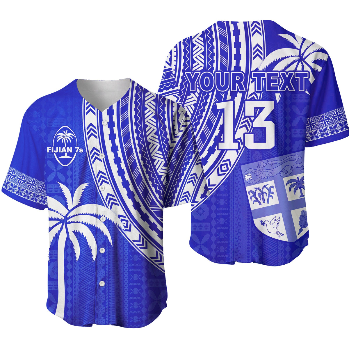 (Custom Text and Number) Fiji Rugby Sevens Baseball Jersey Fijian 7s Tapa Polynesian Blue Ver.02 LT13 Blue - Polynesian Pride