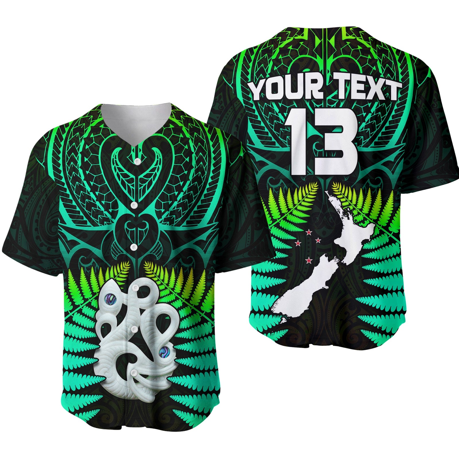 (Custom Text and Number) Aotearoa Fern Baseball Jersey New Zealand Hei Tiki Green Style LT13 Green - Polynesian Pride