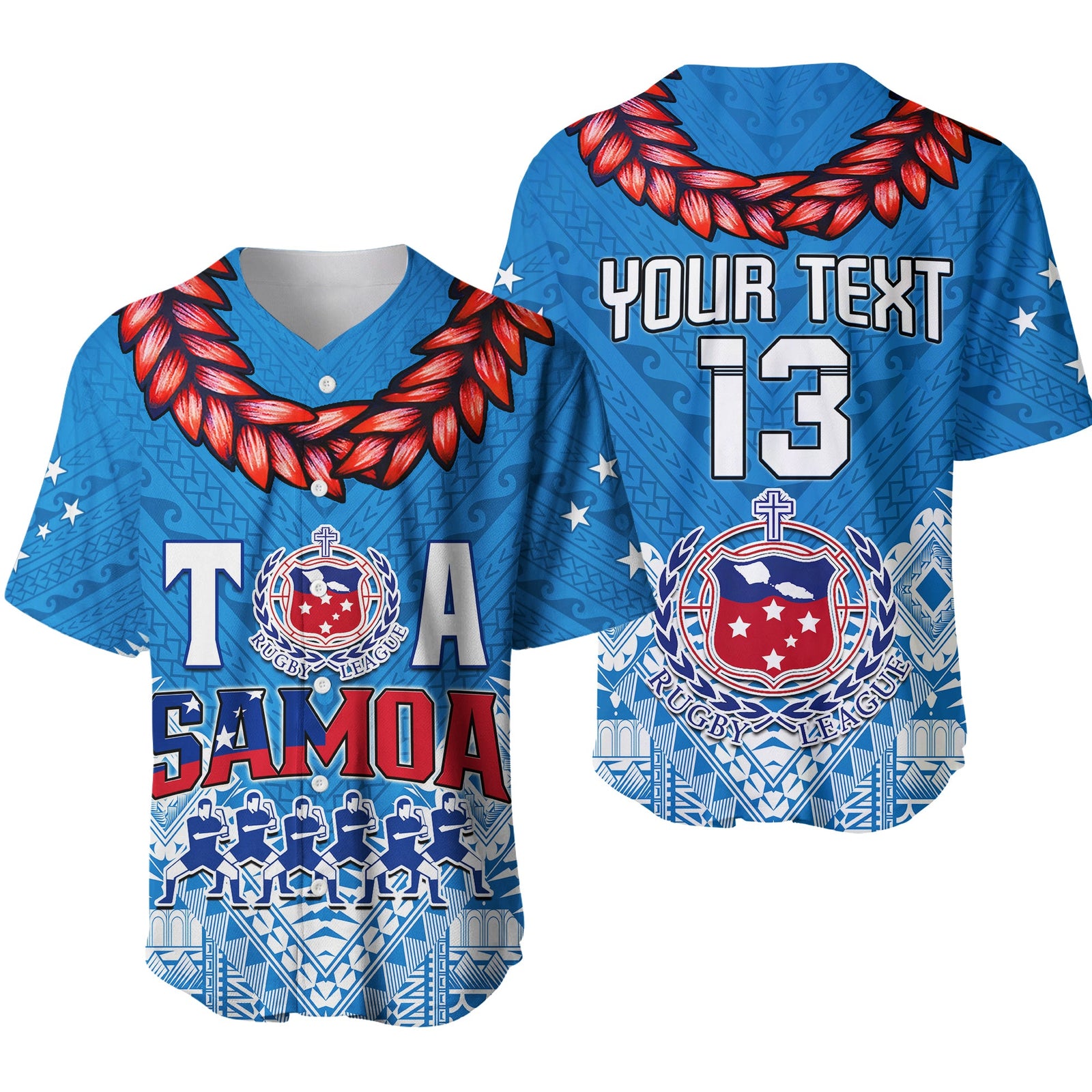 (Custom Personalise Text and Number) Toa Samoa Rugby Baseball Jersey Manu Siva Tau Style Ulafala LT13 Blue - Polynesian Pride
