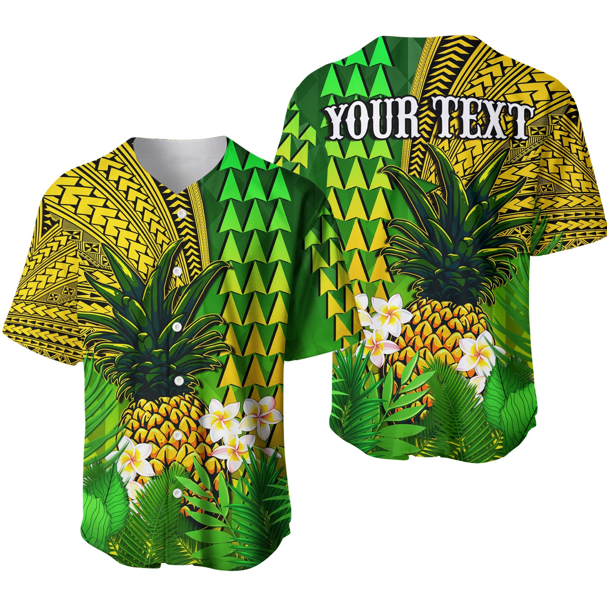 (Custom Personalised) Hawaii Pineapple Baseball Jersey Plumeria Frangipani Mix Tribal Pattern Ver.01 LT13 Green - Polynesian Pride