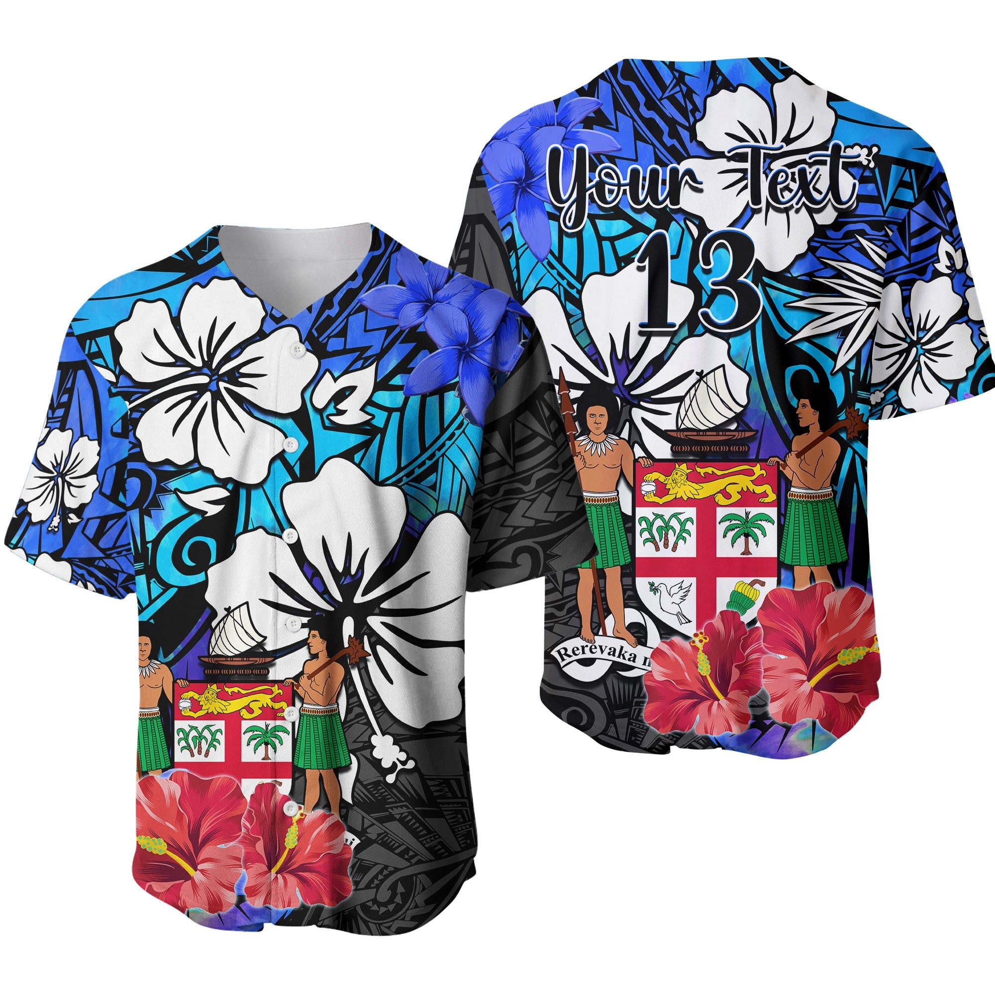 (Custom Text and Number) Fiji Tie Dye Baseball Jersey Polynesian Blue Tribal Creative Tropical Flowers LT13 Blue - Polynesian Pride