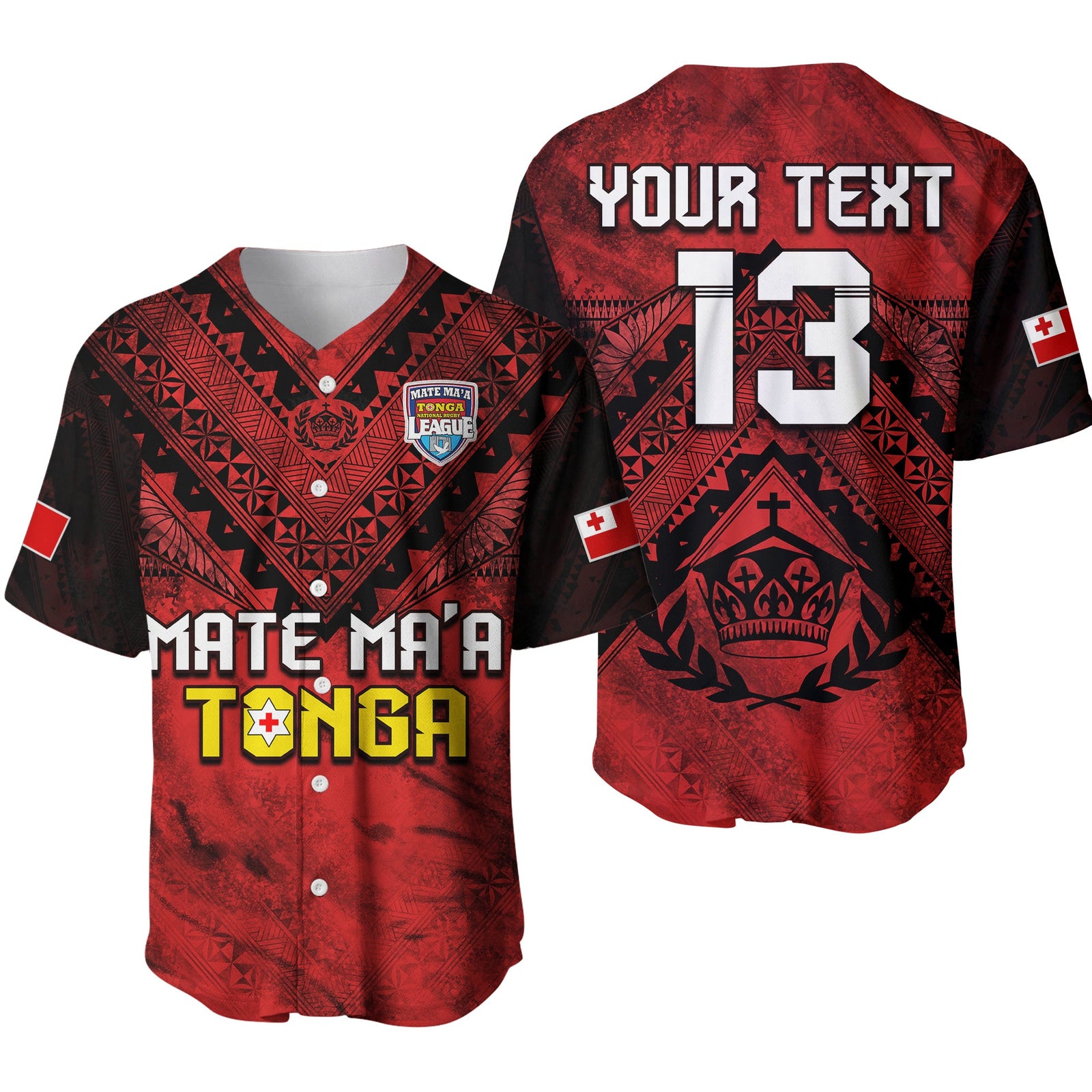 (Custom Text and Number) Tonga Rugby MMT Baseball Jersey Ngatu Mate Maa Tonga Grunge Ver.01 LT13 Red - Polynesian Pride